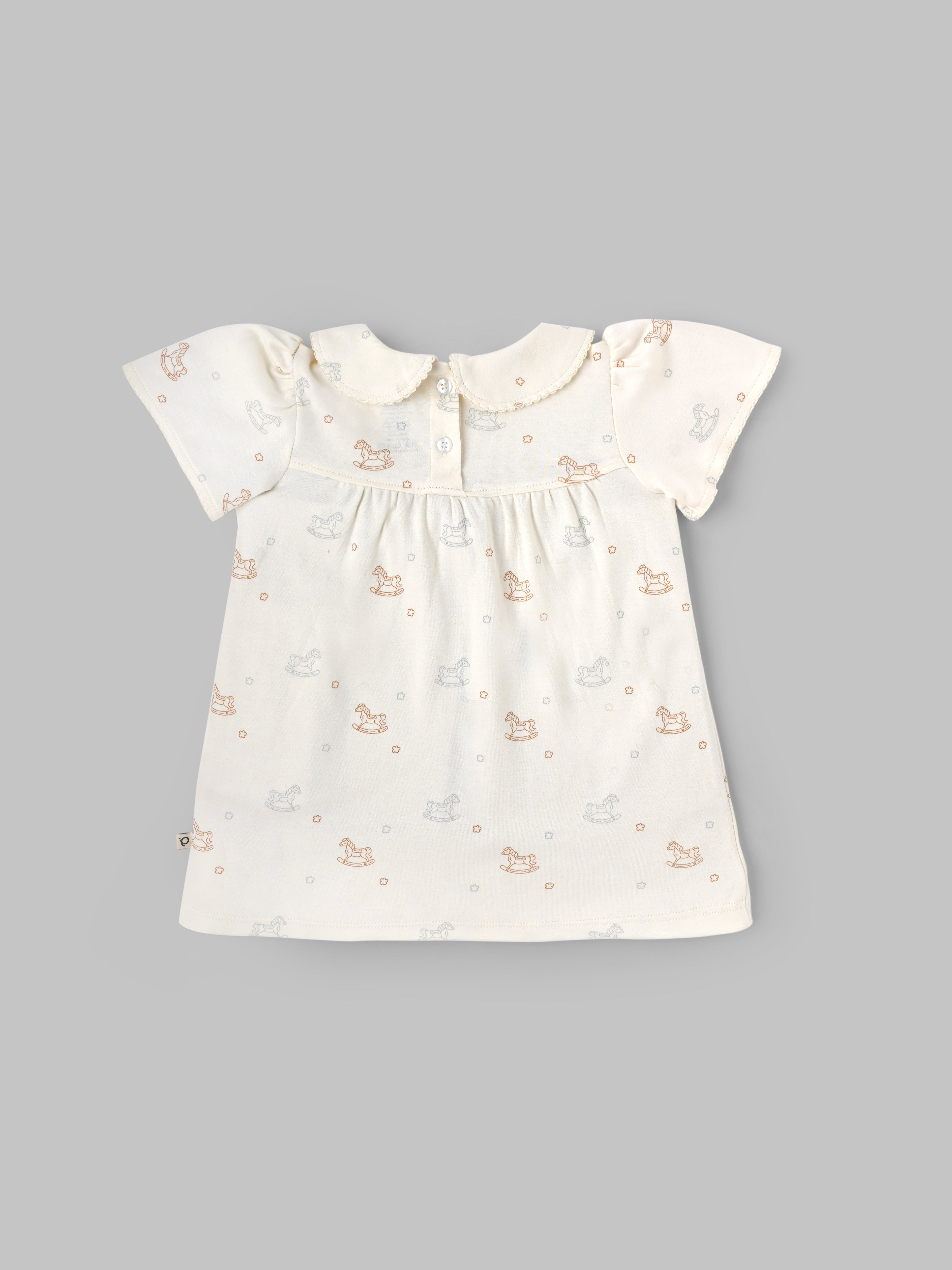 Popees Baby Girls Short Sleeve Cotton Dress| Off White| 3-24 Months