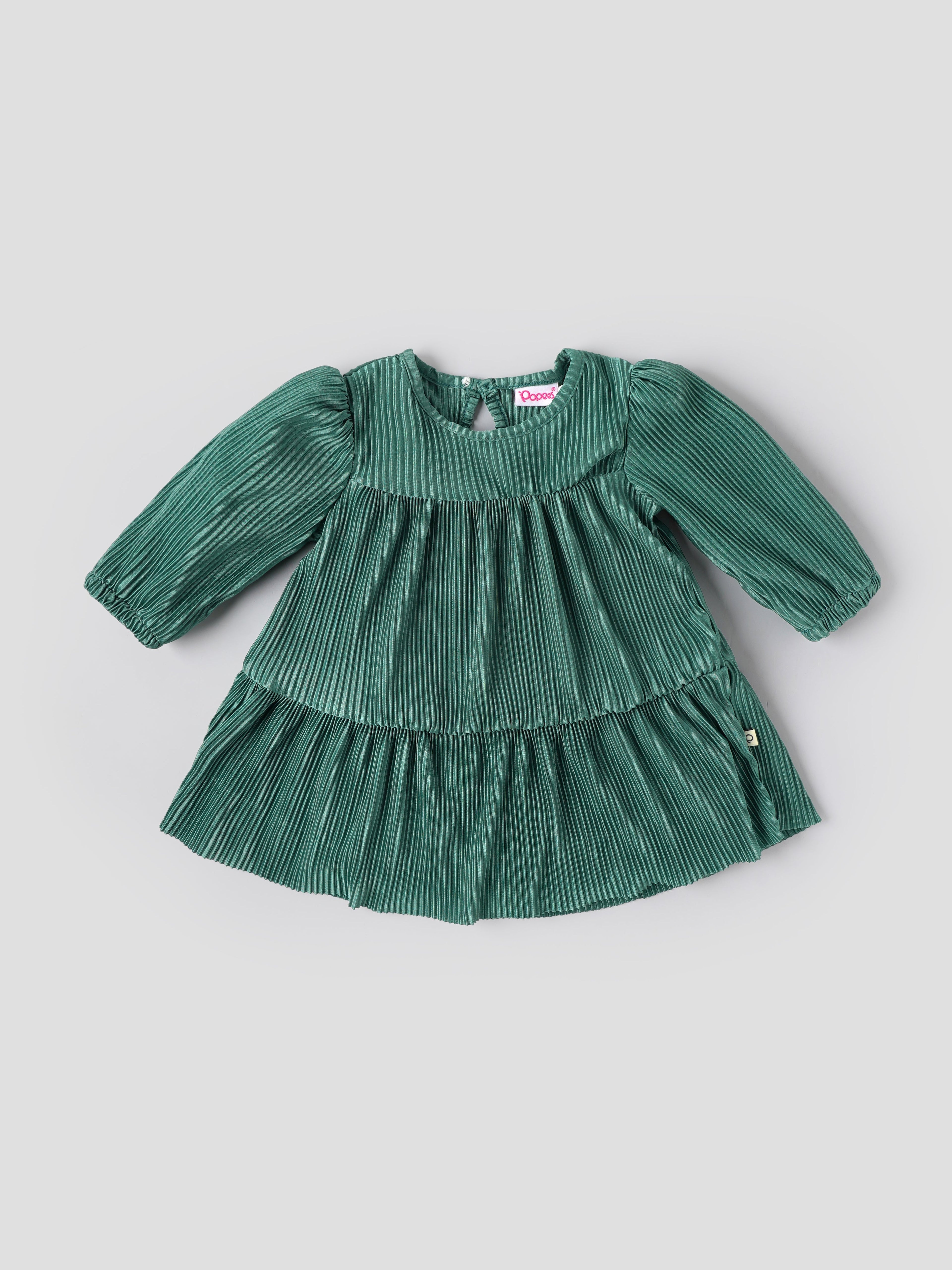 Popees Baby Girls Teal Green Pleated Full Sleeve Party Dress| 3 Months–36 Months