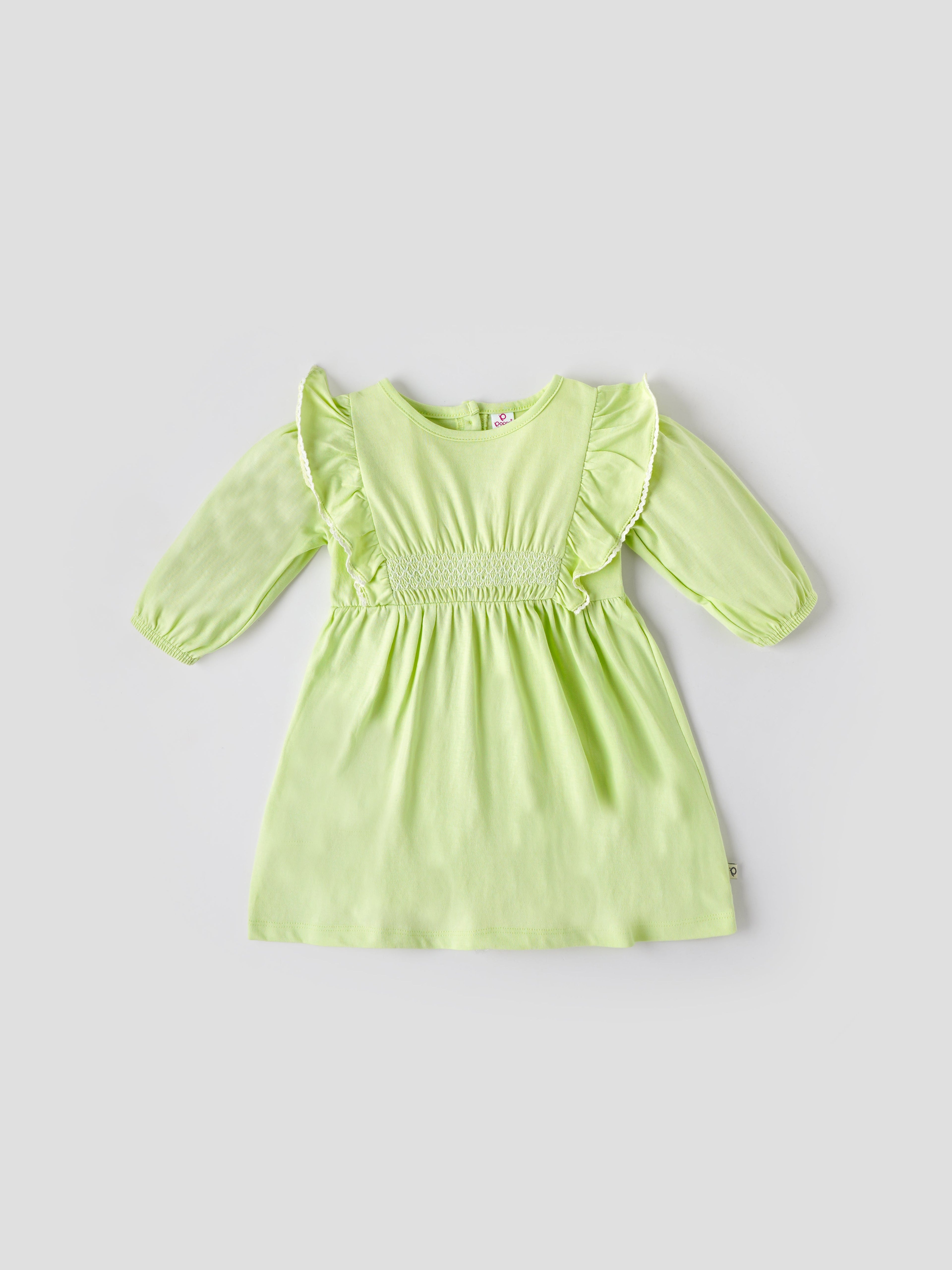 Popees Baby Girls Ruffle Sleeve Cotton Dress| Light Green| 6 - 24 Months