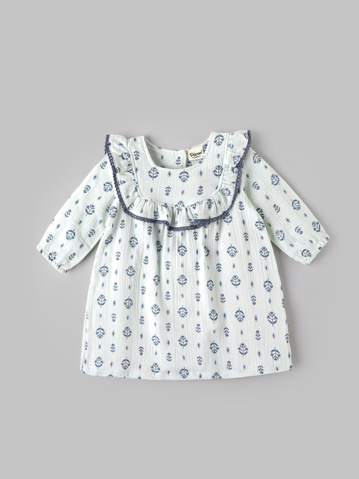 Popees Baby Girls Blue Floral Dress with Full Sleeves and Ruffle Neckline | 3-24 Months