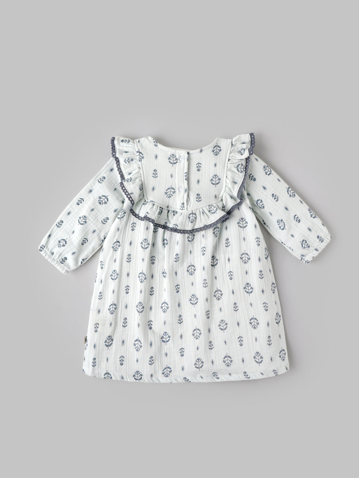 Popees Baby Girls Blue Floral Dress with Full Sleeves and Ruffle Neckline | 3-24 Months