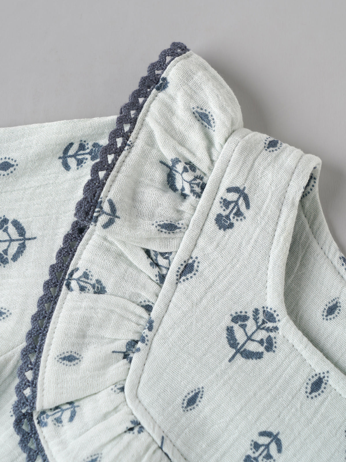Popees Baby Girls Blue Floral Dress with Full Sleeves and Ruffle Neckline | 3-24 Months