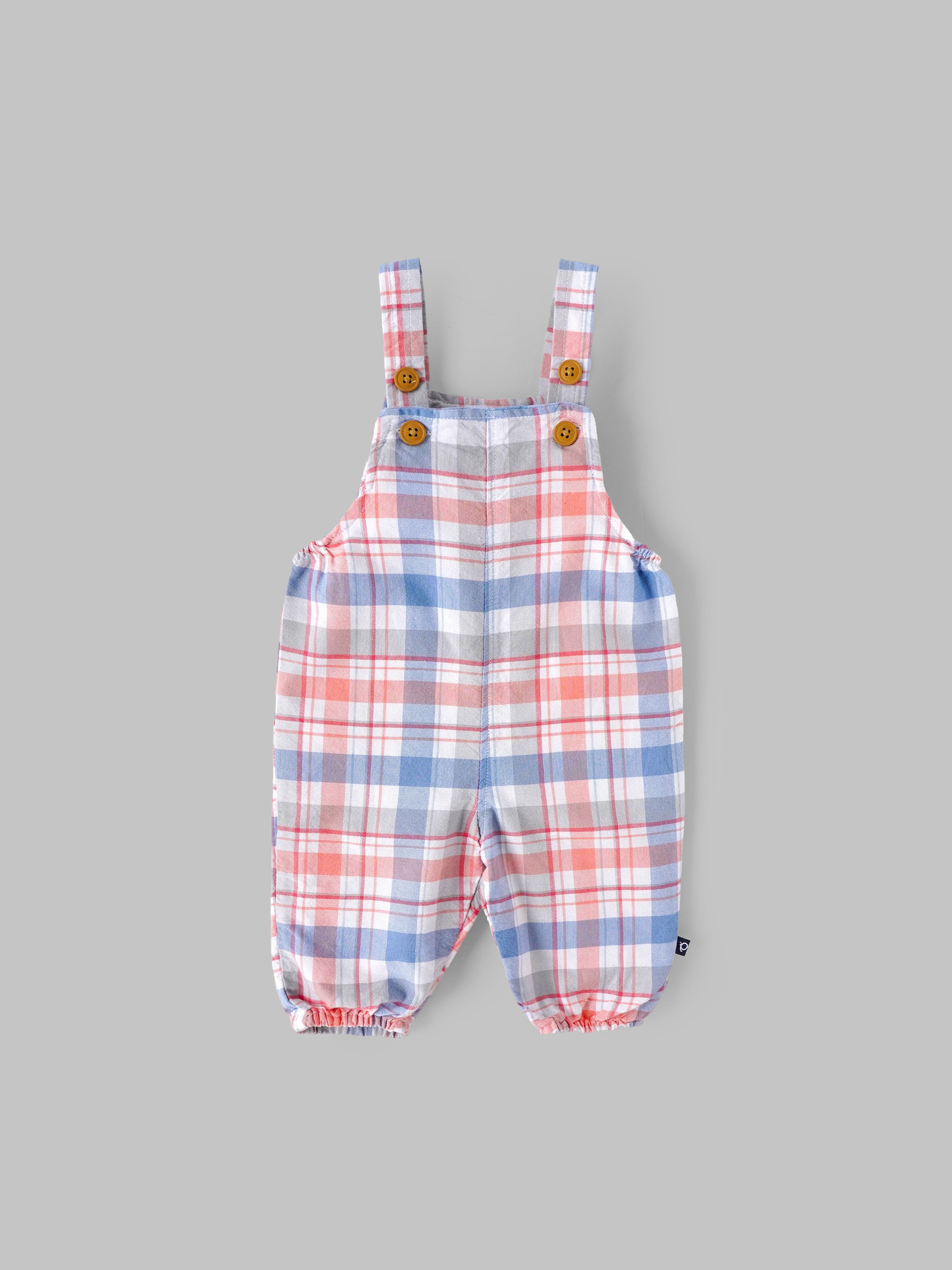 Popees Baby Girls Checked Dungaree Set with Full Sleeve Top| 3M–24M