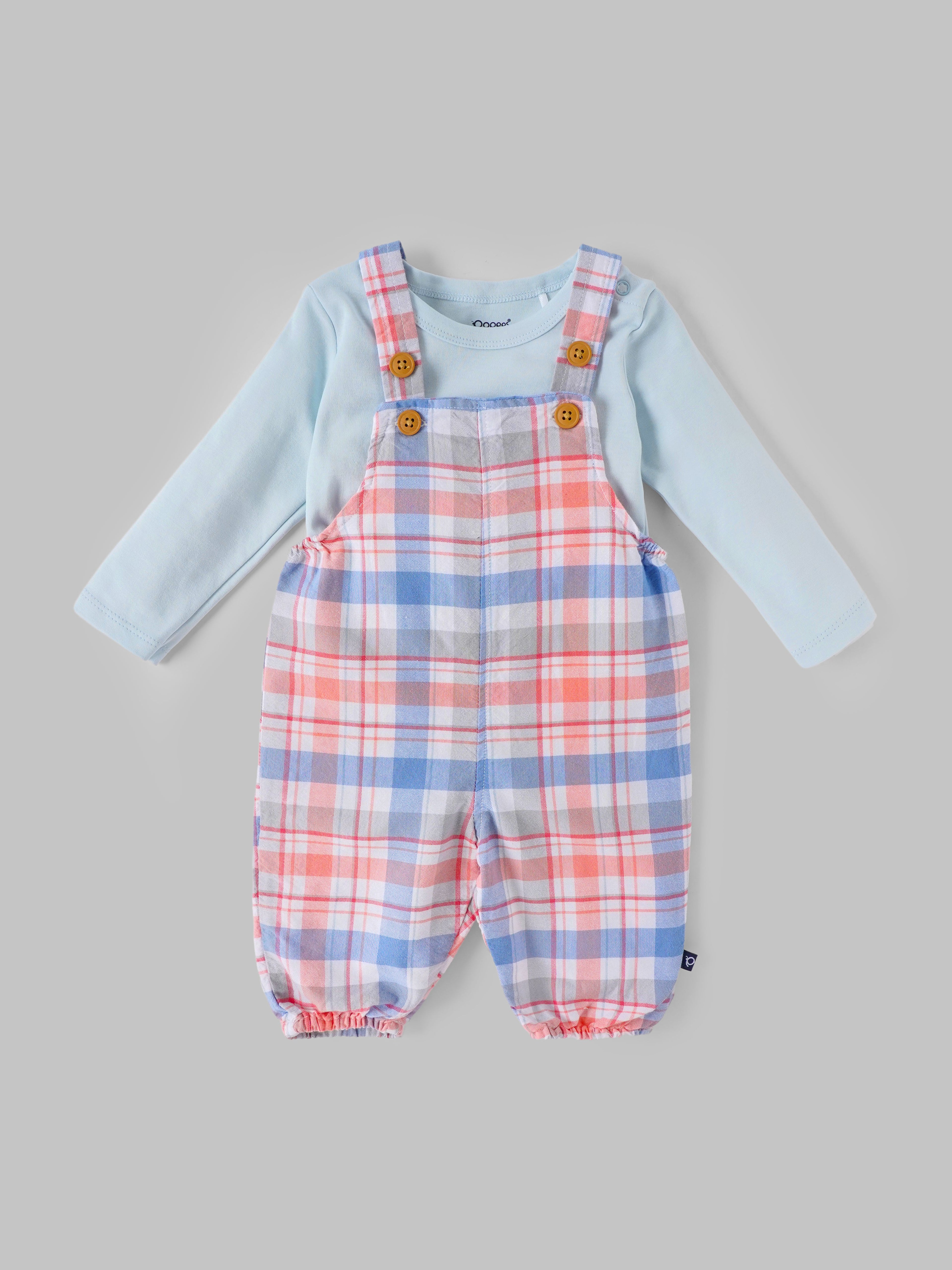 Popees Baby Girls Checked Dungaree Set with Full Sleeve Top| 3M–24M