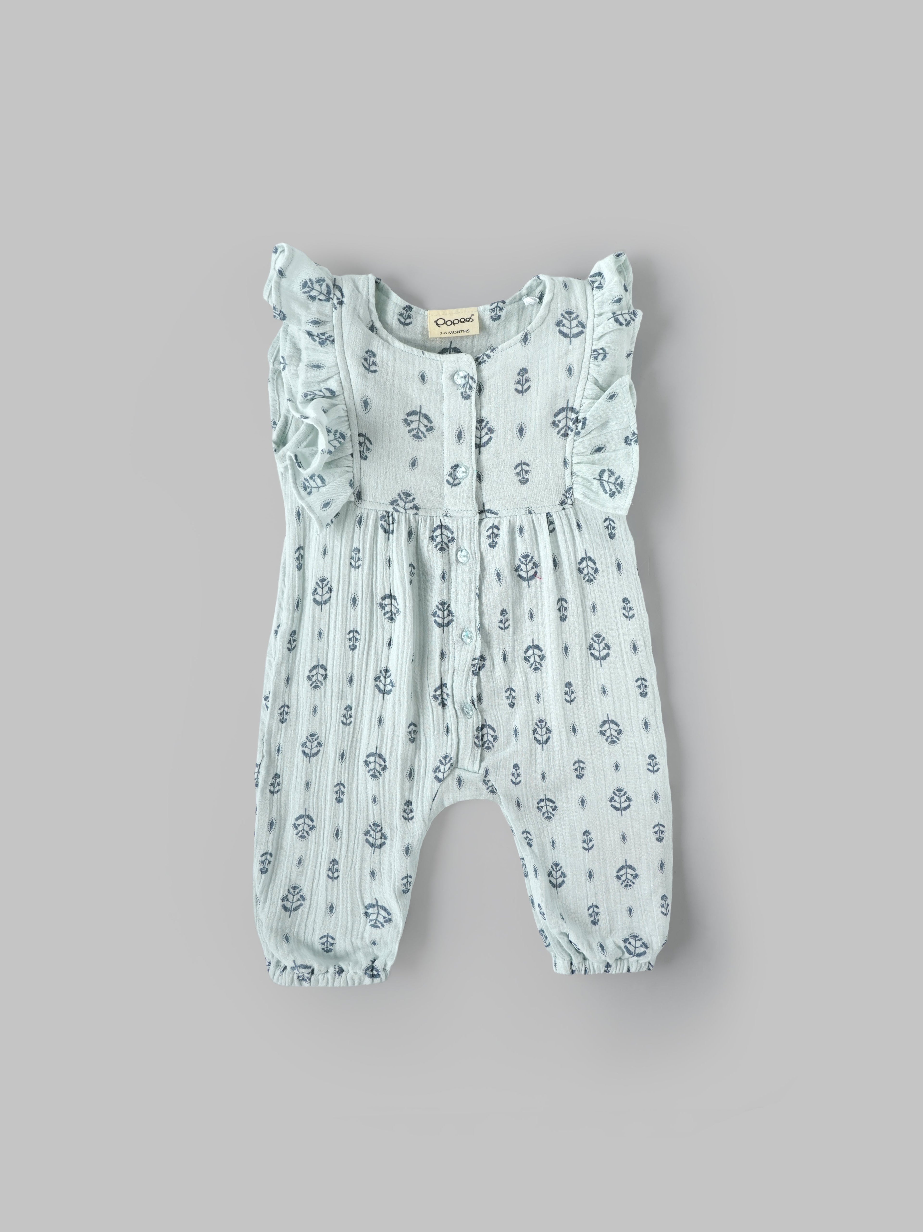 Popees Baby Girls Mint Green Floral Print Cotton Muslin Jumpsuit| 3–24 Months