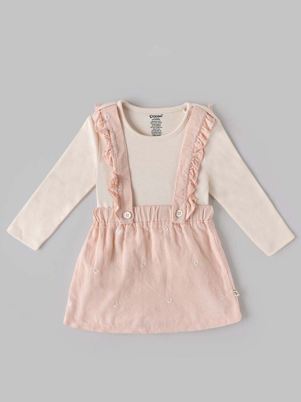 Popees Baby Girls Embroidered Pinafore Dress with Full Sleeve Top | Soft Cotton Corduroy Suspender Dress Set | Peach Pink | 3-24 Months