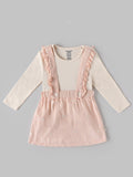 Popees Baby Girls Embroidered Pinafore Dress with Full Sleeve Top | Soft Cotton Corduroy Suspender Dress Set | Peach Pink | 3-24 Months