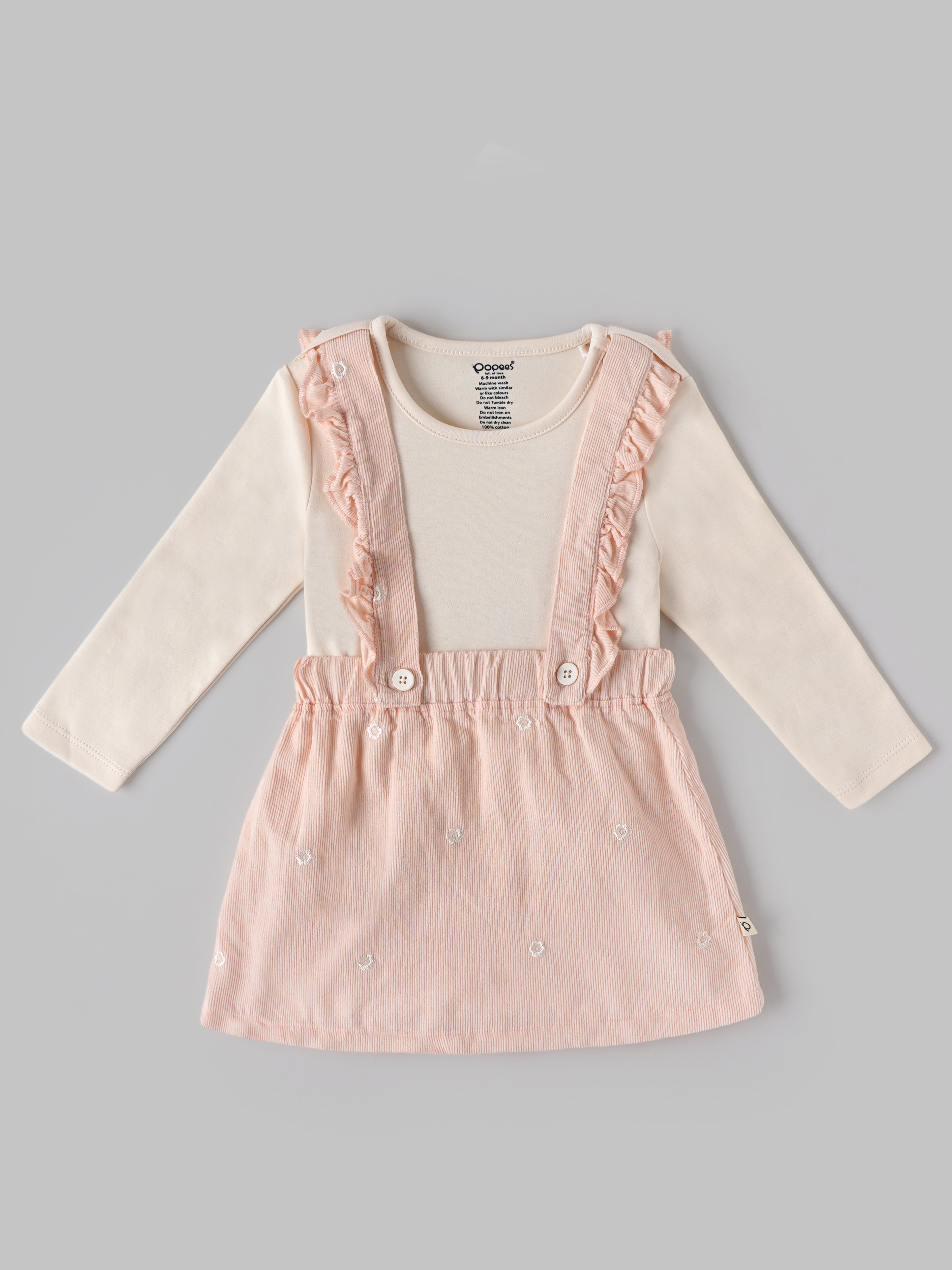 Popees Baby Girls Embroidered Pinafore Dress with Full Sleeve Top | Soft Cotton Corduroy Suspender Dress Set | Peach Pink | 3-24 Months
