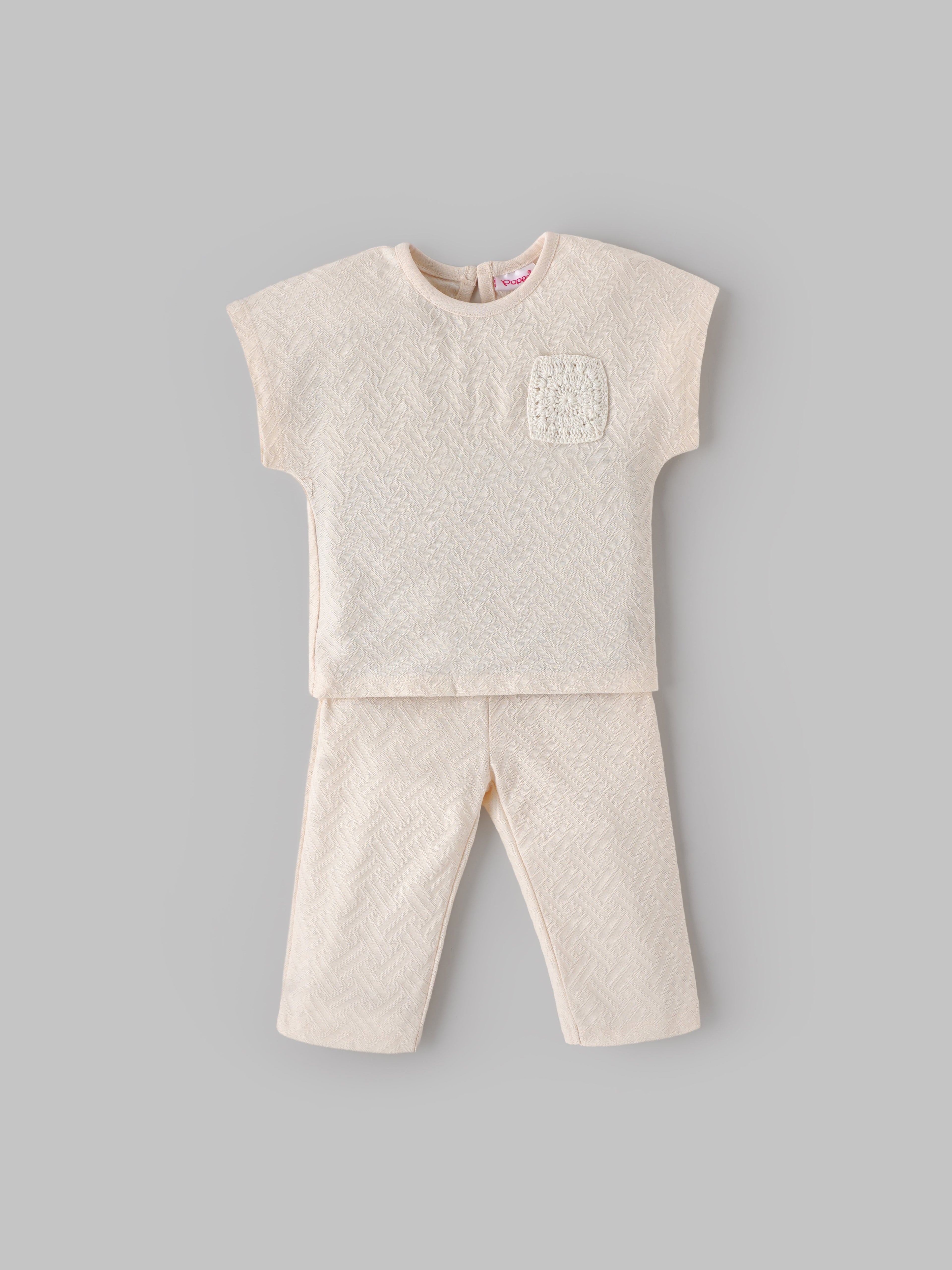 Popees Baby Girls Short Sleeve Cotton Co-ord Set| Cream| 3-24 Months