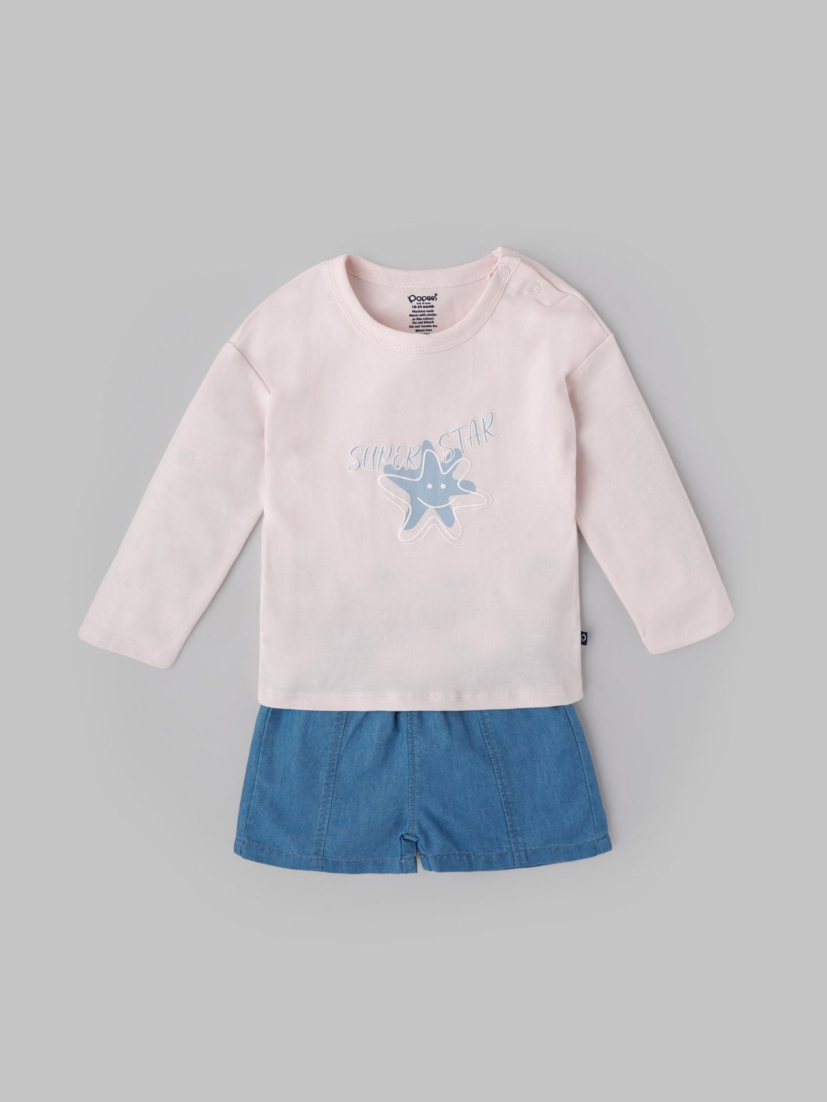 Popees Baby Girls Full Sleeve T-Shirt & Shorts Set| Pink & Blue| 3-24 Months - 3-6 M