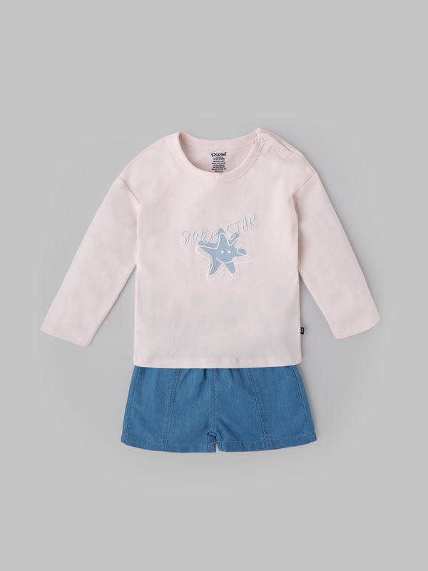 Popees Baby Girls Full Sleeve T-Shirt & Shorts Set| Pink & Blue| 3-24 Months