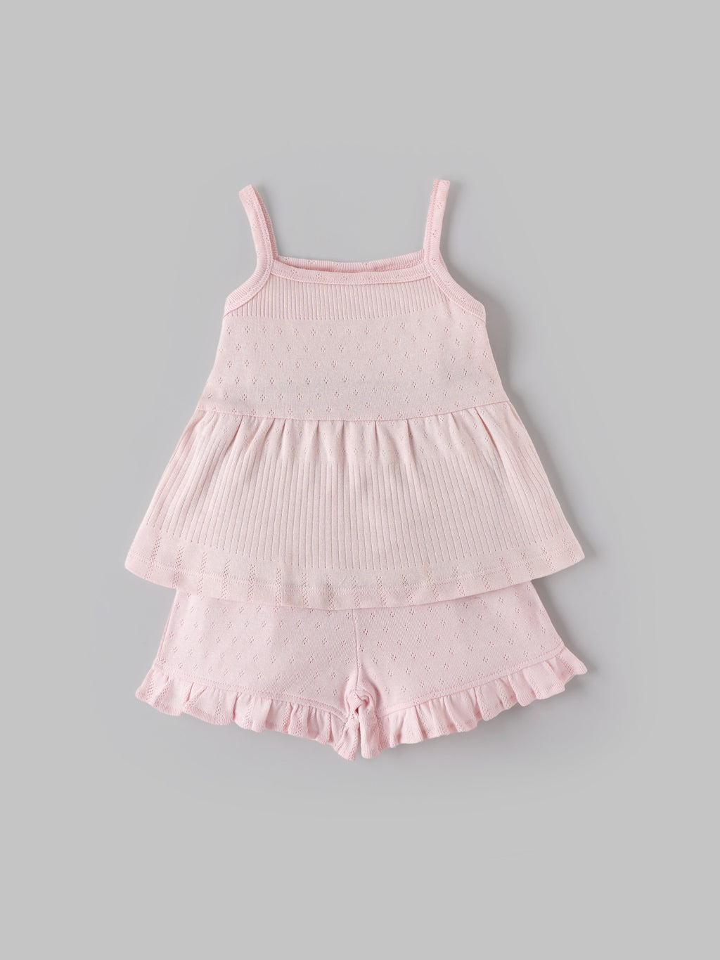 Popees Baby Girls Pointelle Knit Sleeveless Top & Ruffle Hem Shorts Set| Pink| 3 to 24 Months