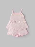 Popees Baby Girls Pointelle Knit Sleeveless Top & Ruffle Hem Shorts Set| Pink| 3 to 24 Months