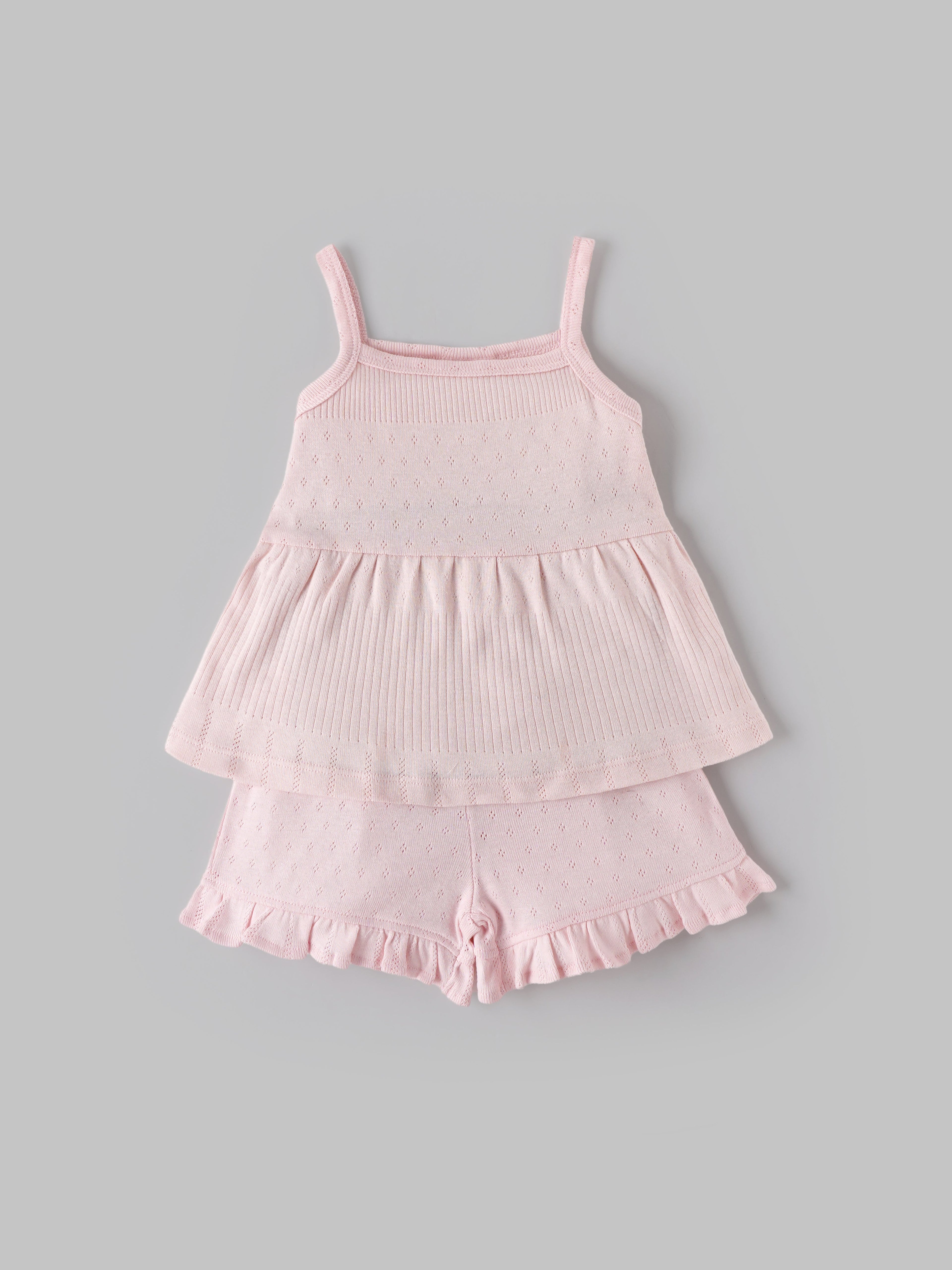 Popees Baby Girls Pointelle Knit Sleeveless Top & Ruffle Hem Shorts Set| Pink| 3 to 24 Months
