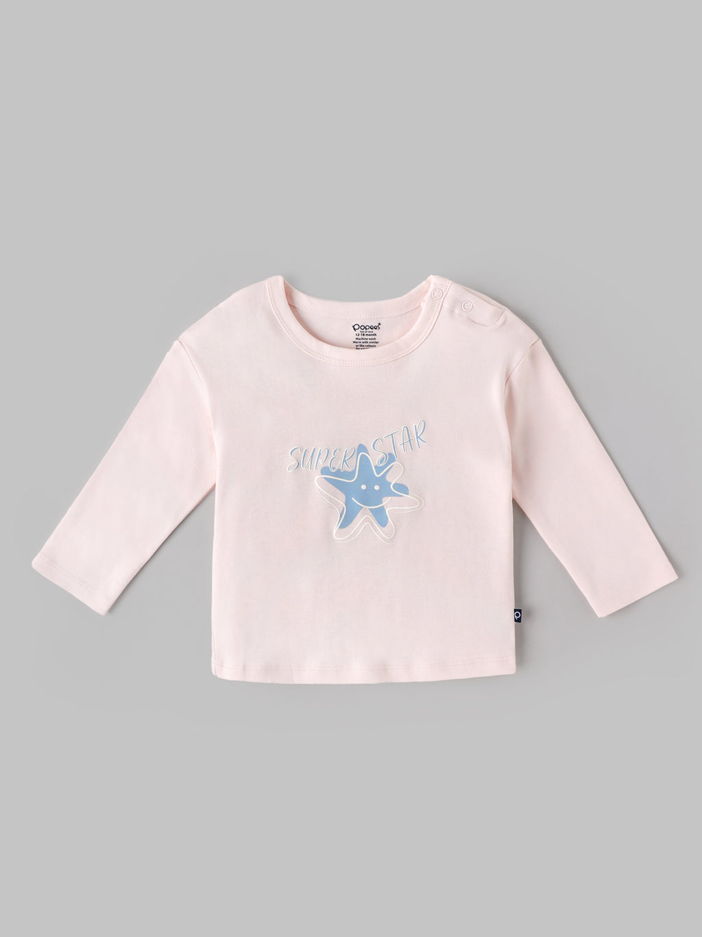 Popees Baby Girls Cotton Full Sleeve T-Shirt | Light Pink Super Star Print | 3-24 Months