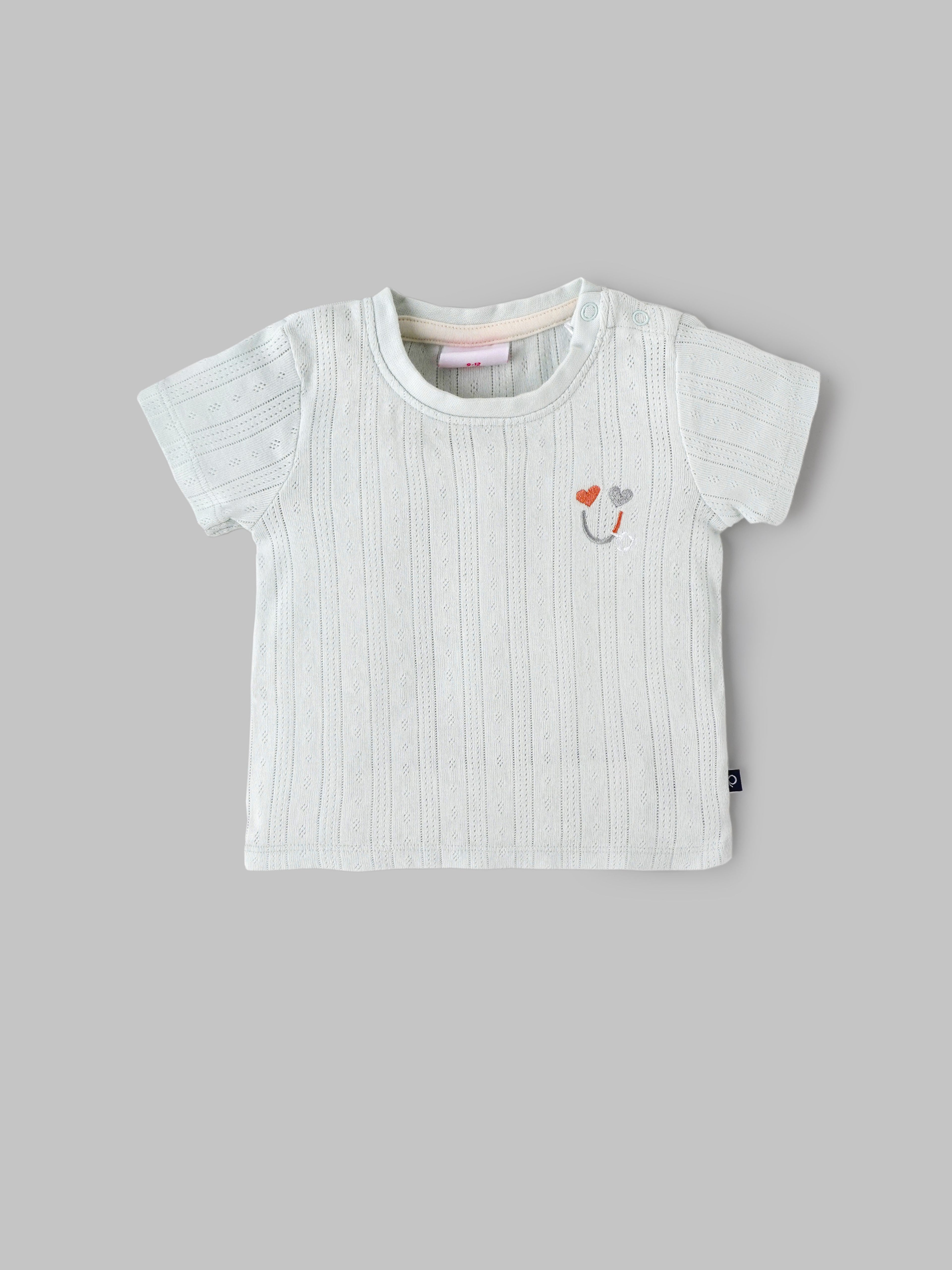Popees Baby Girls Mint Green Cotton Knit T-Shirt|Pointelle Short Sleeve Top with Shoulder Snaps (3M–24M)