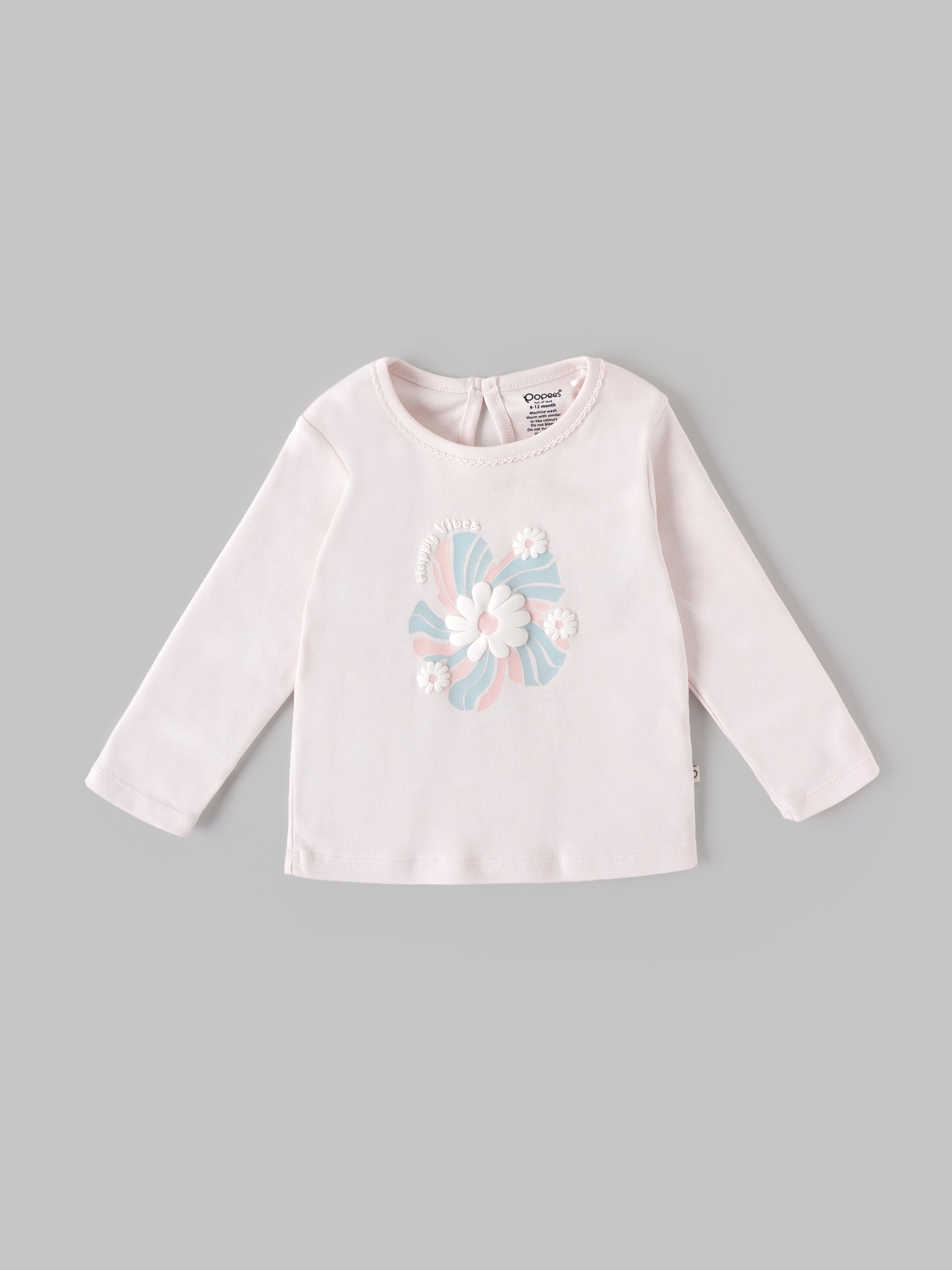 Popees Baby Girls Floral Long Sleeve Cotton Top with 3D Applique| 3M–24M