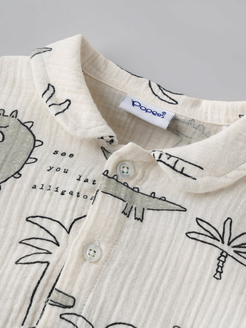 Popees Baby Boys Cotton Bodysuit with Crocodile Print| Off-White| Newborn-9 Months
