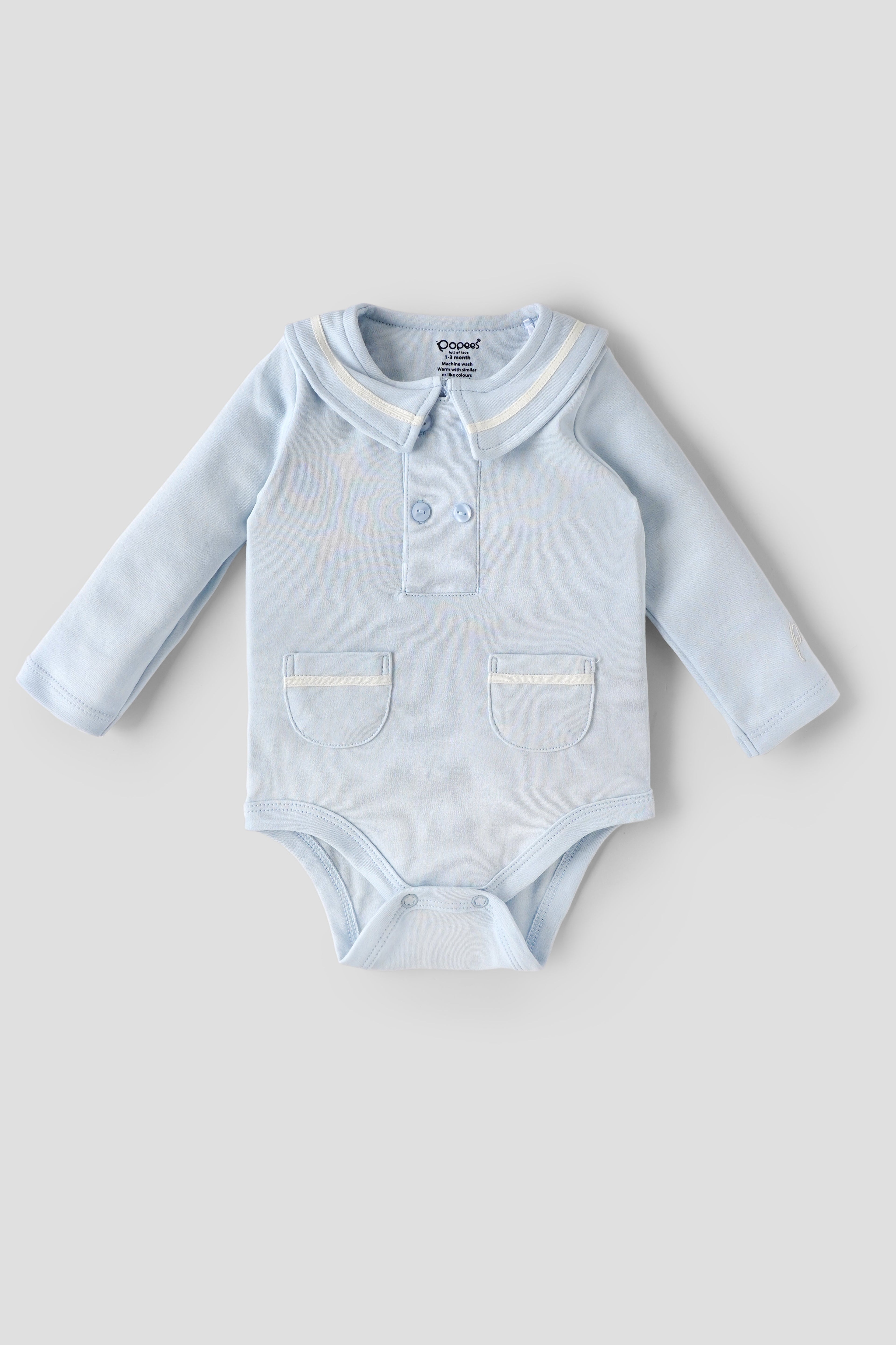 Popees Newborn Baby Boys Cotton Bodysuit with Sailor Collar |Full Sleeve Romper| NewBorn–6 Months