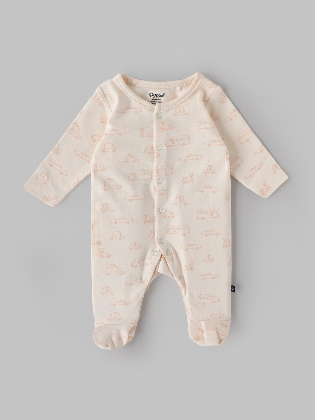 Popees Baby Vehicle Print Cotton Sleepsuit Set |Footed Romper with Cap & Mittens (Tiny Baby, New Born–6M)