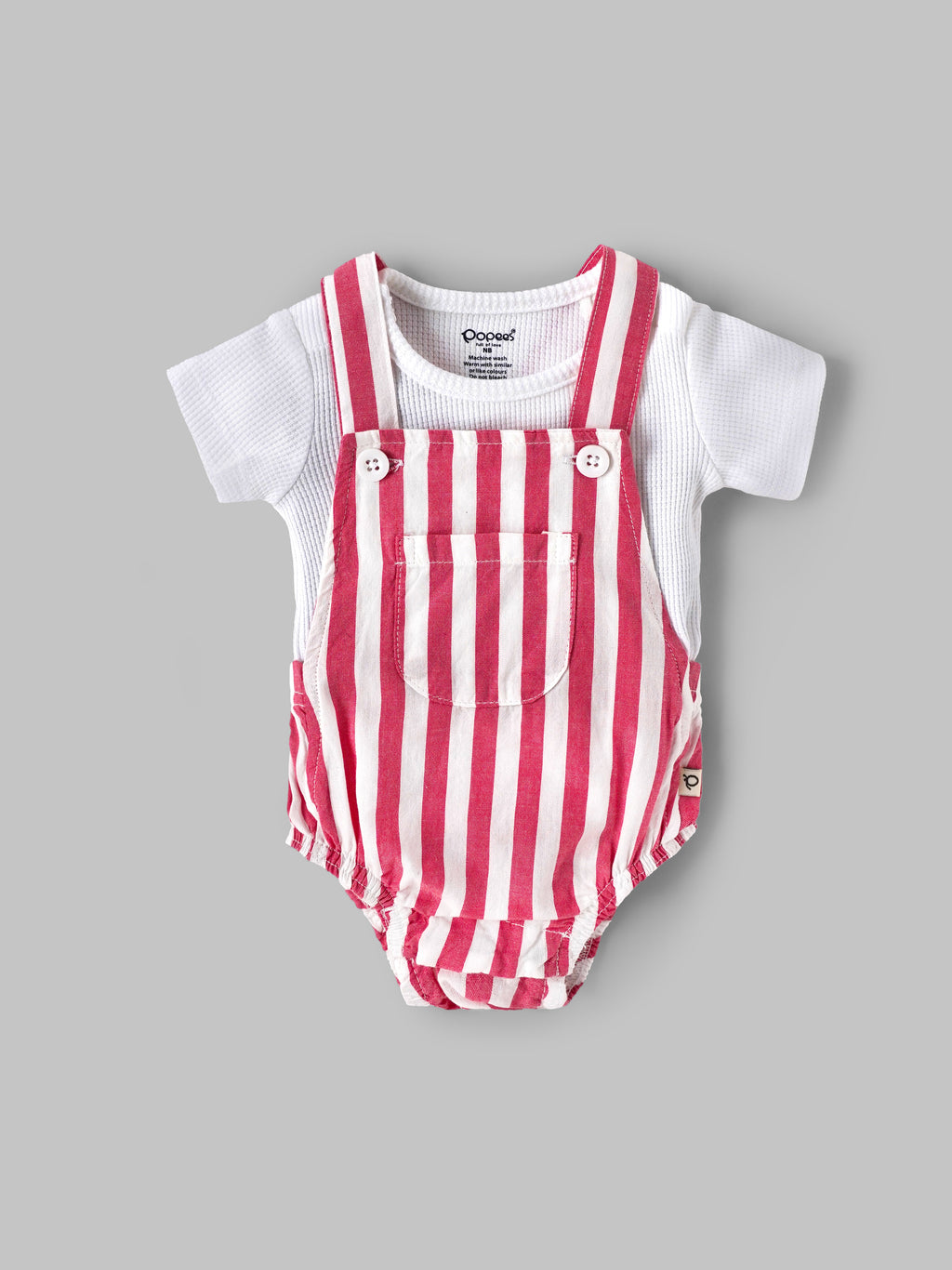 Popees Baby Boys Striped Dungaree Set with Soft Cotton Round Neck T-Shirt & Button Strap Closure| NB–9 Months