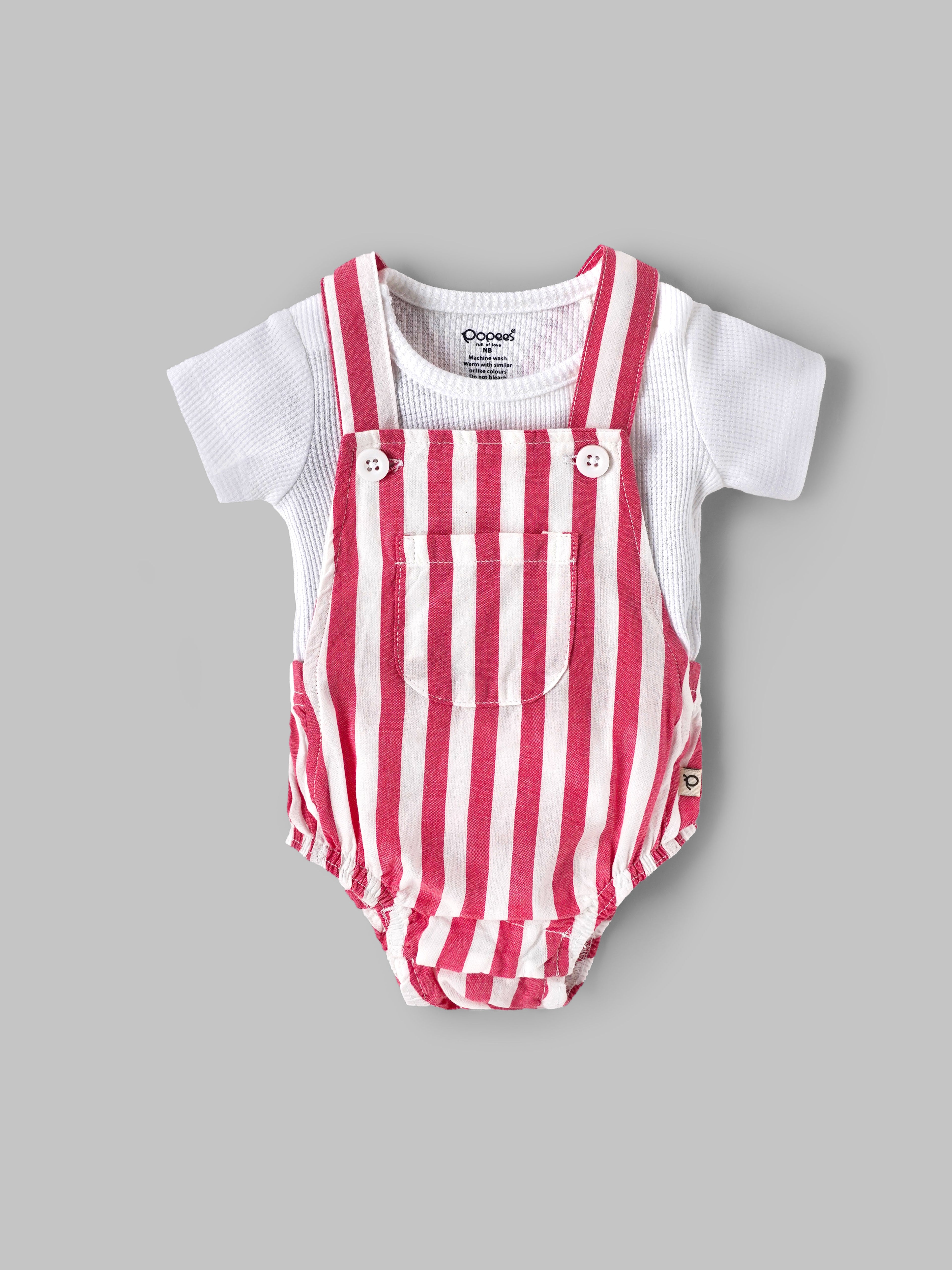 Popees Baby Boys Striped Dungaree Set with Soft Cotton Round Neck T-Shirt & Button Strap Closure| NB–9 Months