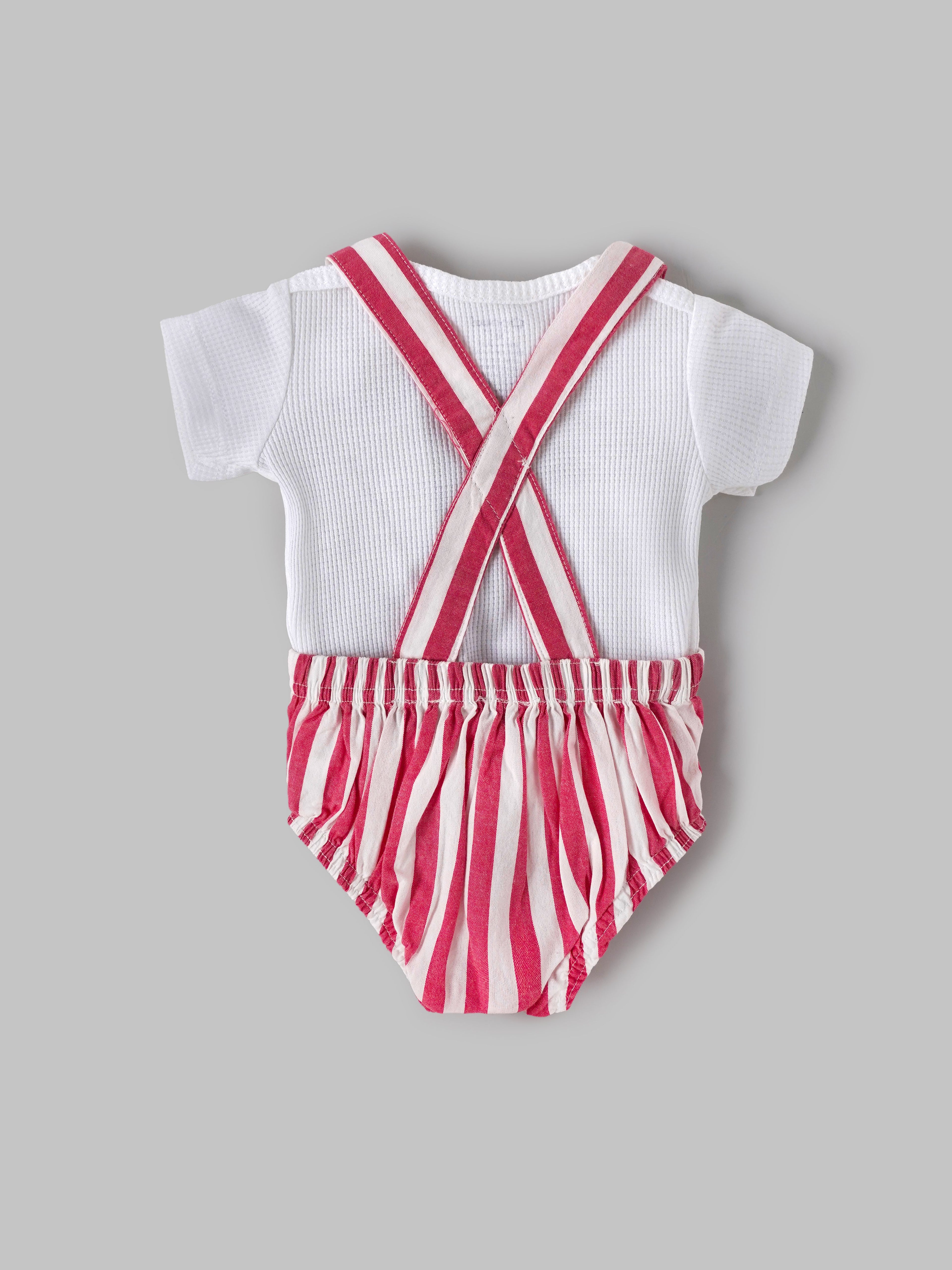 Popees Baby Boys Striped Dungaree Set with Soft Cotton Round Neck T-Shirt & Button Strap Closure| NB–9 Months