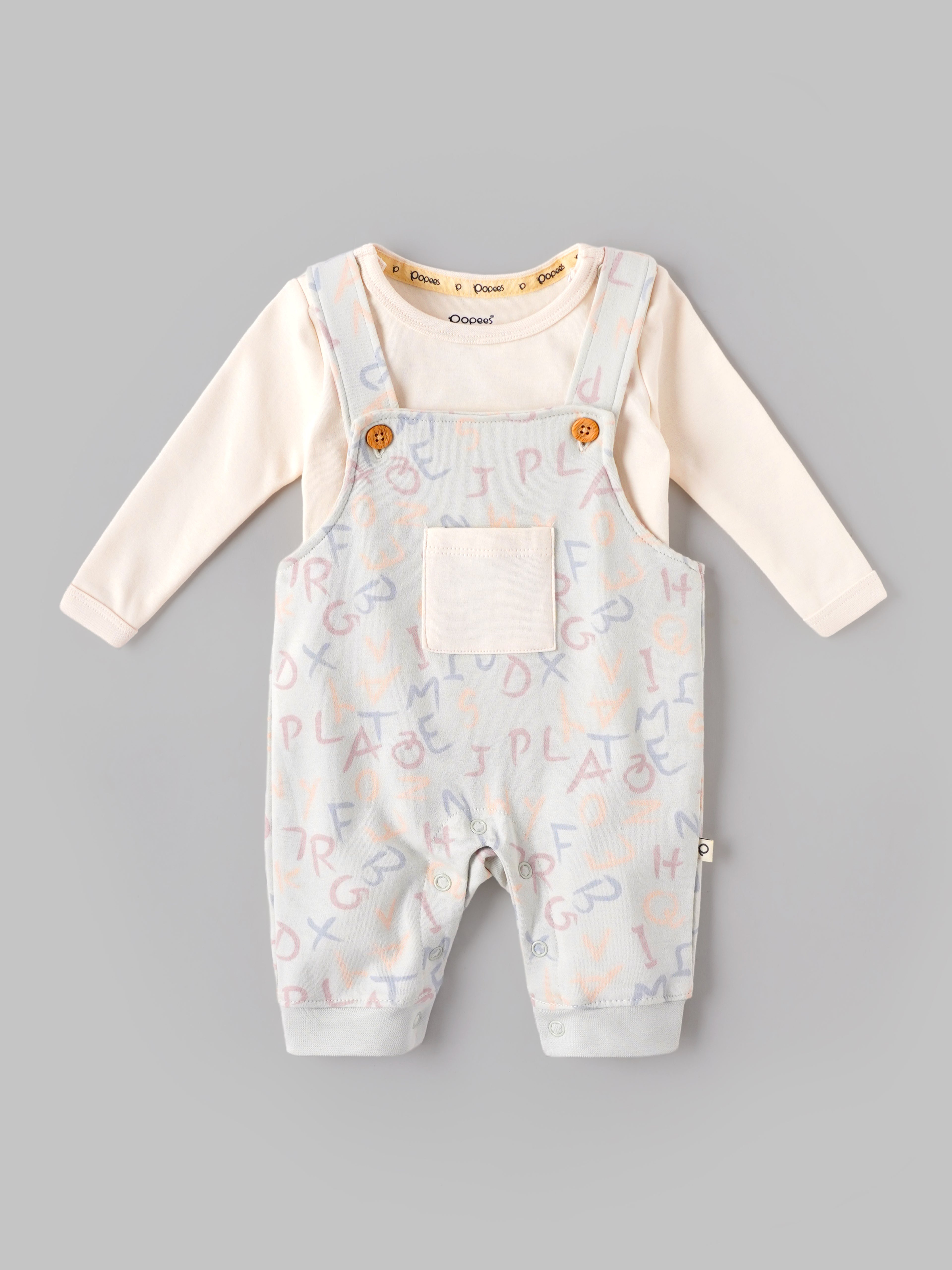 Popees Baby Boys Printed Dungaree Set with Full Sleeve T-Shirt | Soft Cotton 2-Piece Outfit | Alphabet Print Romper Set | 0–9 Months