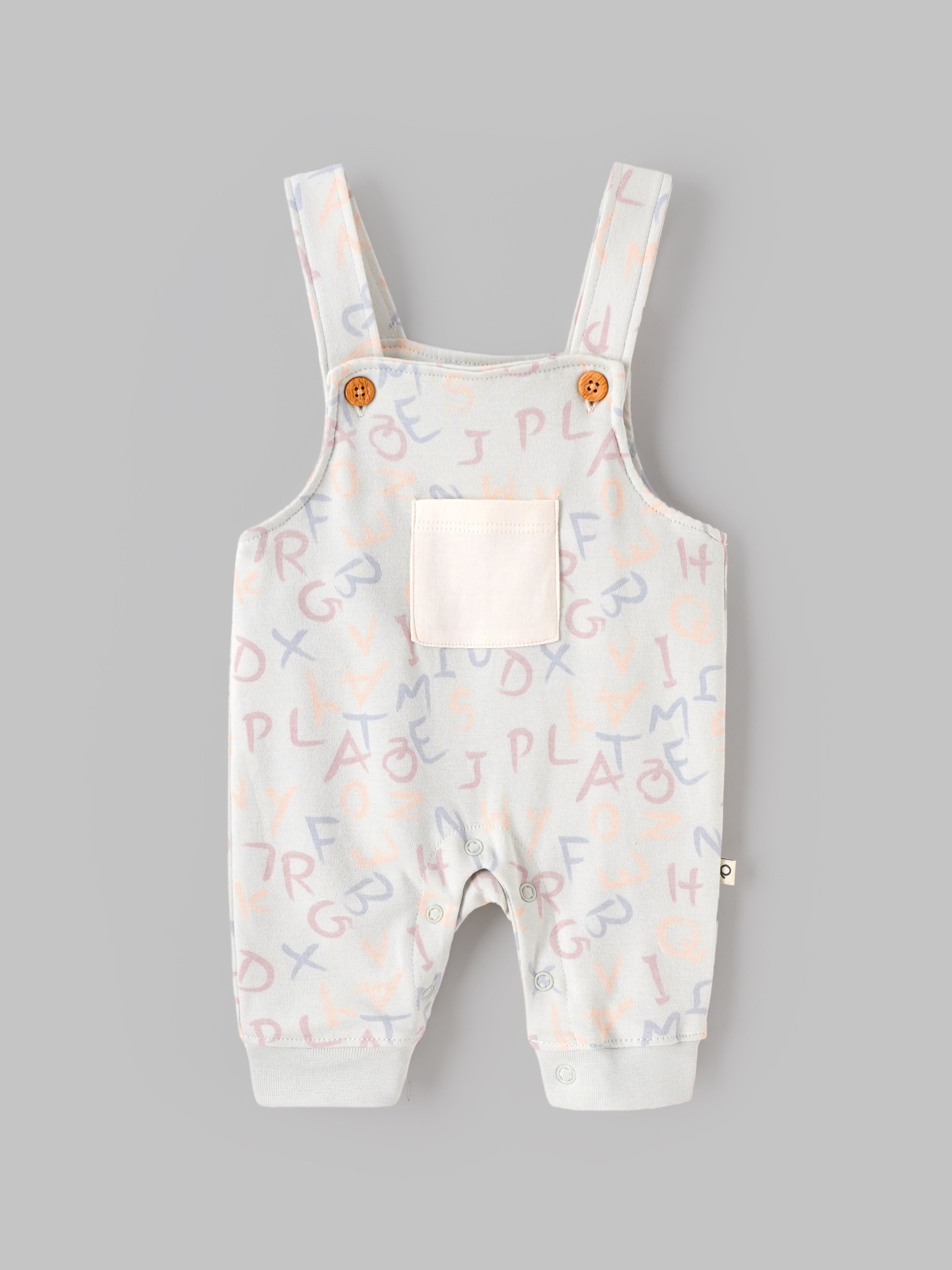 Popees Baby Boys Printed Dungaree Set with Full Sleeve T-Shirt | Soft Cotton 2-Piece Outfit | Alphabet Print Romper Set | 0–9 Months