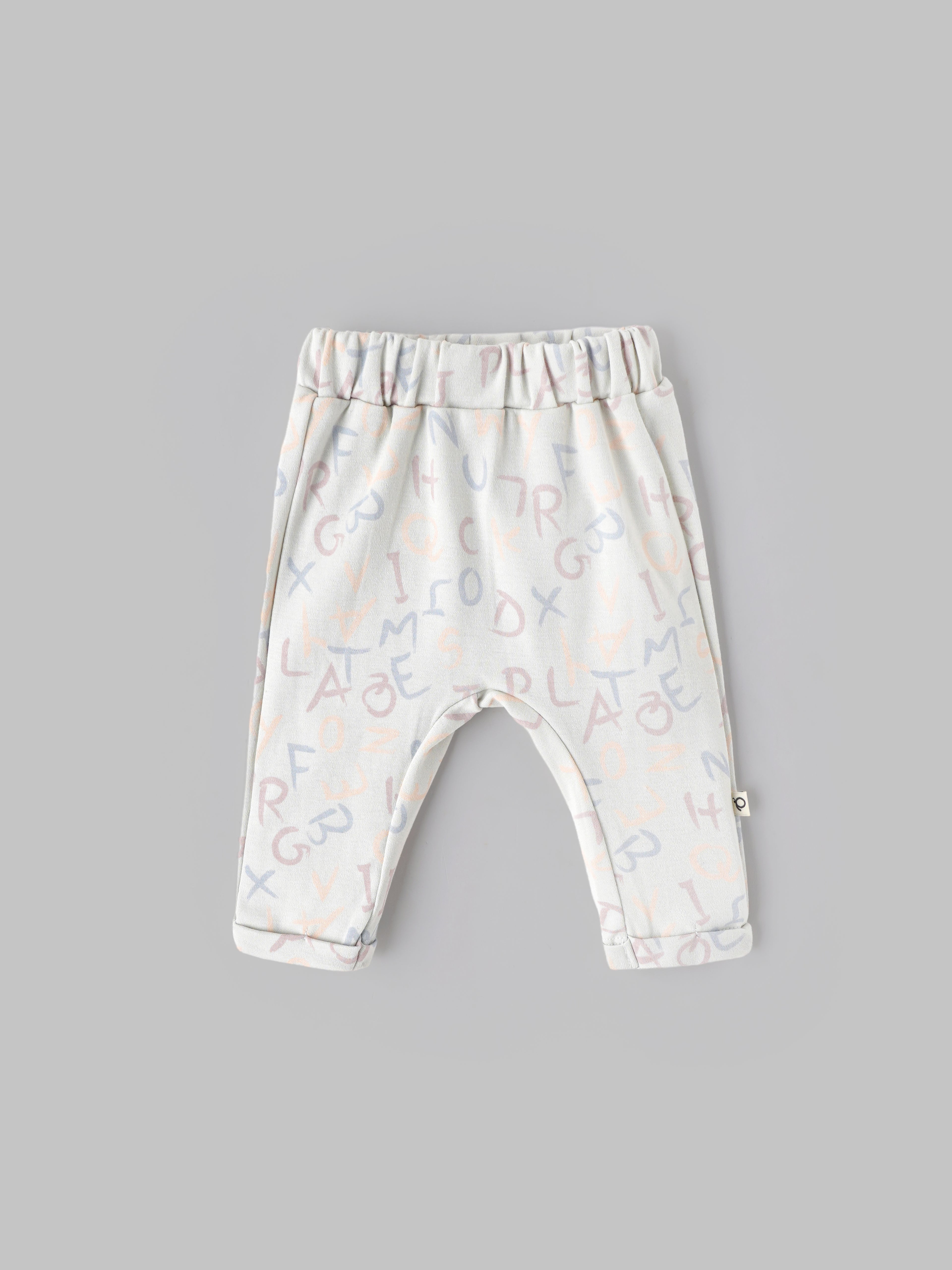 Popees Baby Boys Printed Cotton Pants | White with Pastel Alphabet Print Casual Bottom Wear | NB-9 Months