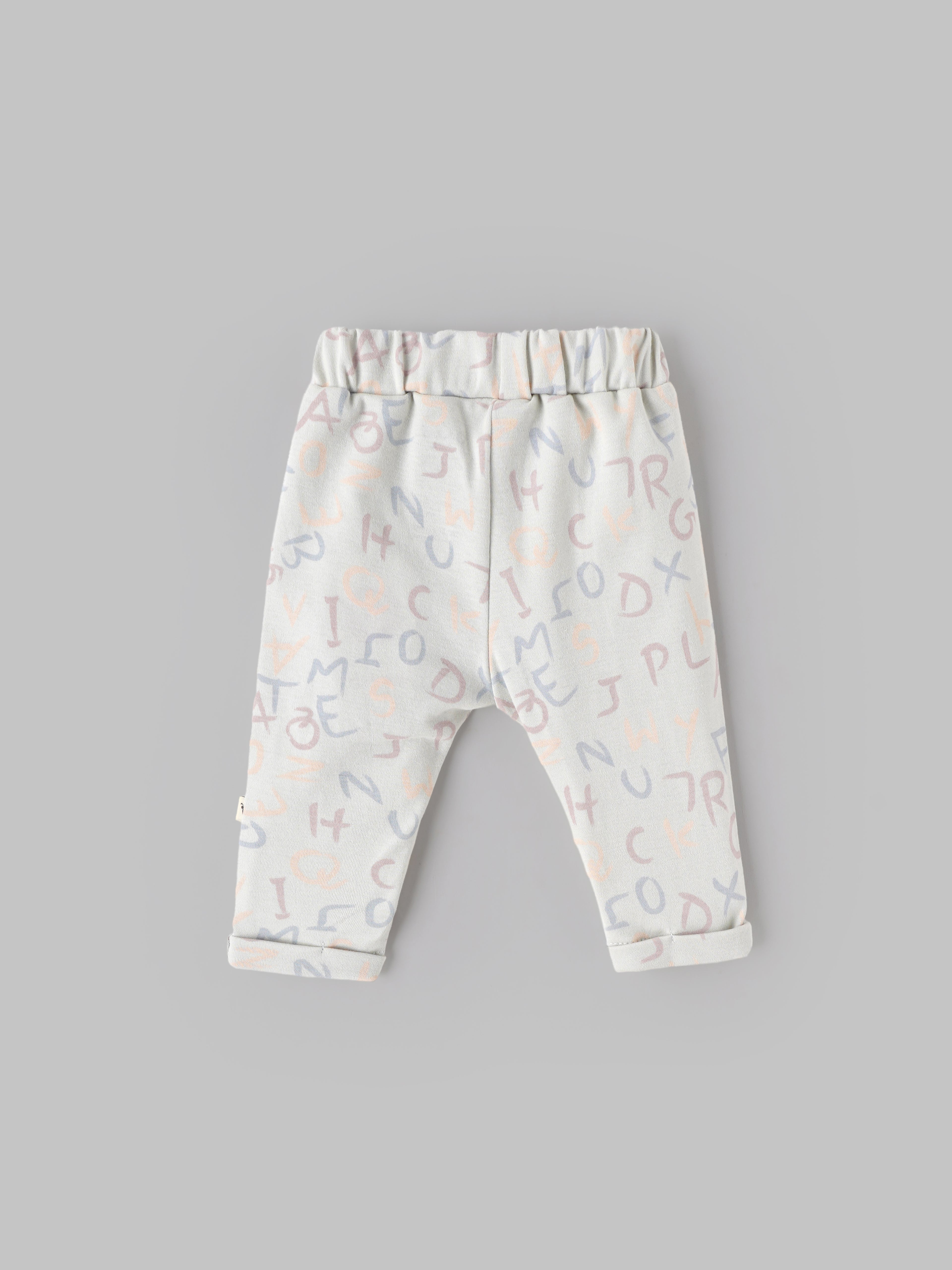 Popees Baby Boys Printed Cotton Pants | White with Pastel Alphabet Print Casual Bottom Wear | NB-9 Months