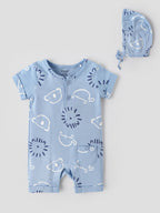 Popees Baby Boys Printed Cotton Romper Set with Cap |Henley Snap Romper (0M–9M)