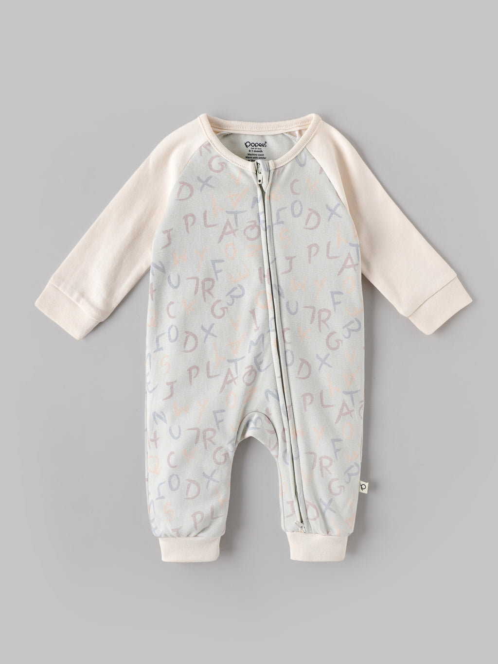 Popees Baby Boys Alphabet Print Cotton Romper | Cream Full Sleeve Front Zip Sleepsuit | NB-9 Month