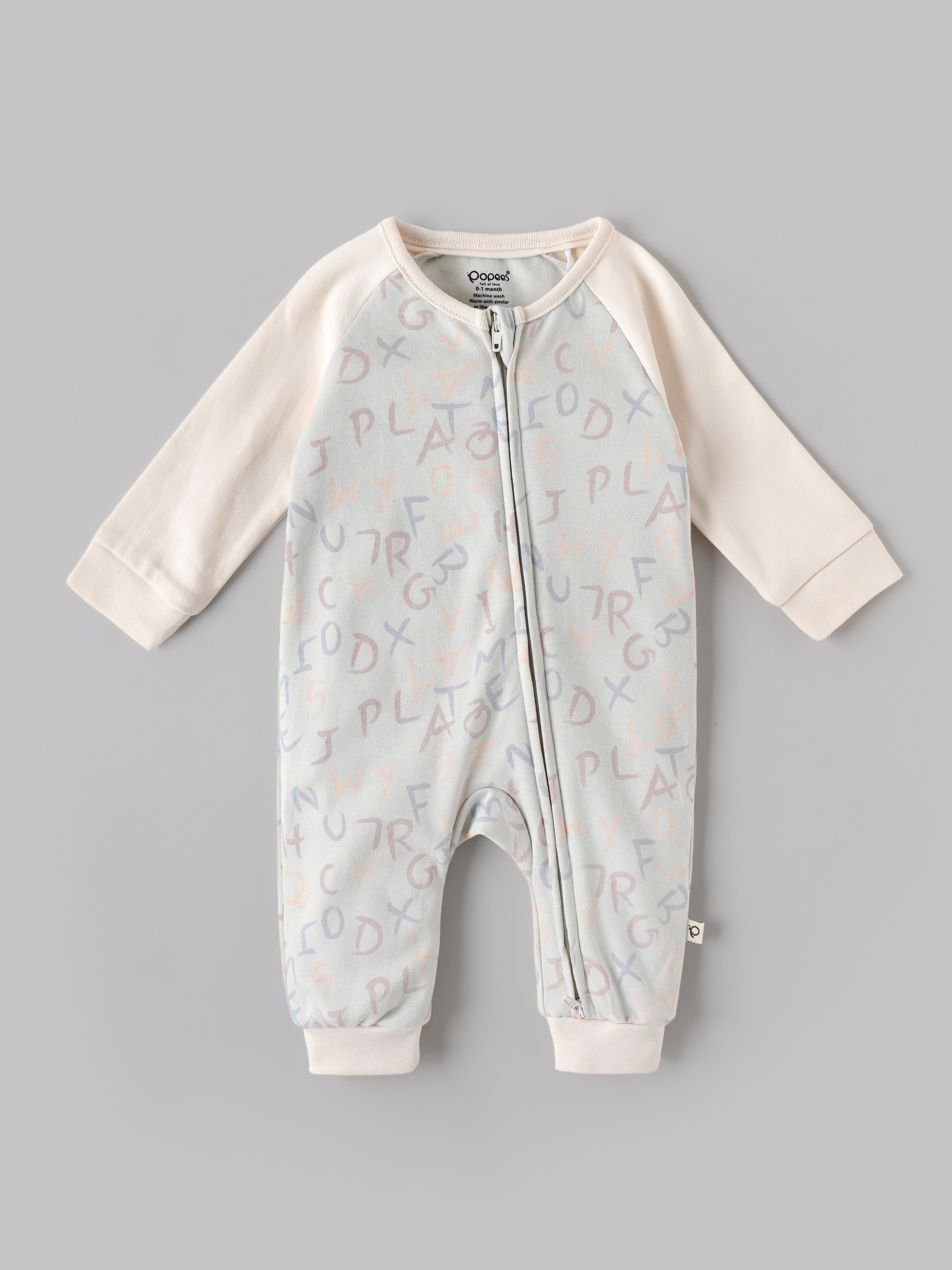 Popees Baby Boys Alphabet Print Cotton Romper | Cream Full Sleeve Front Zip Sleepsuit | NB-9 Month