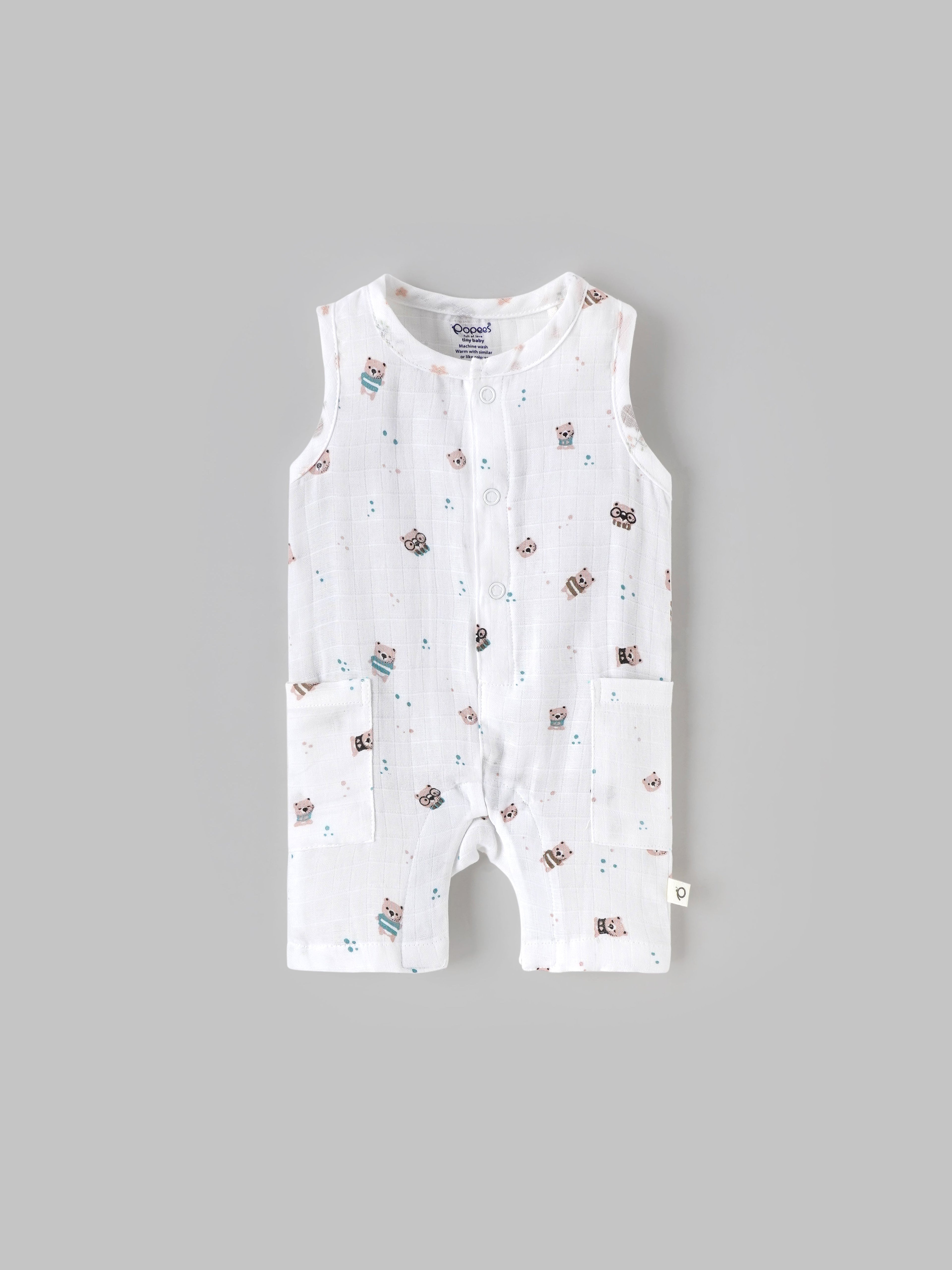 Popees Baby Boys Sleeveless Bear Print Romper| Tiny, 0–6 Months