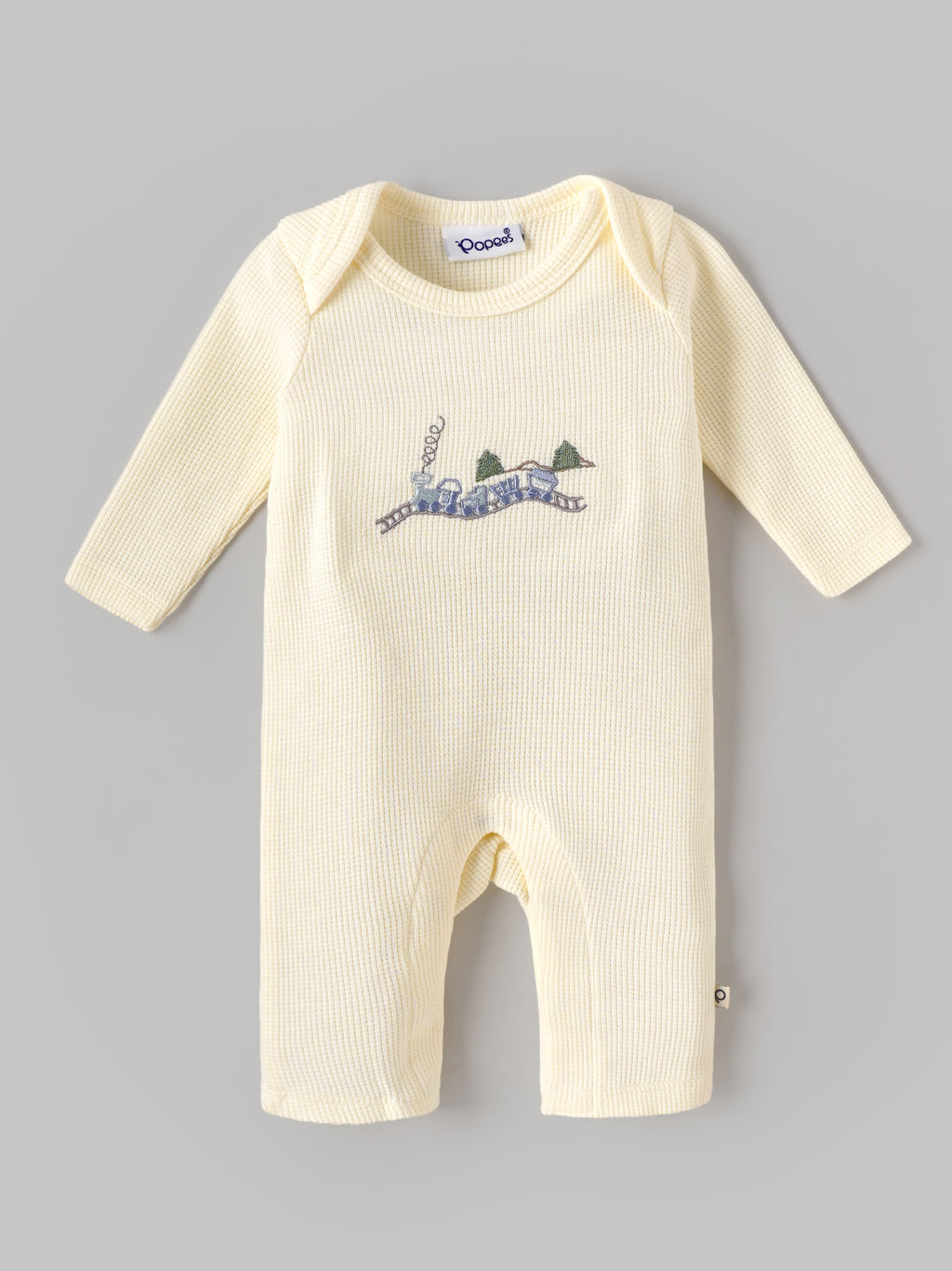 Popees Baby Boys Waffle Knit Romper | Soft Cotton Long Sleeve One-Piece with Train Embroidery |0–9 Months