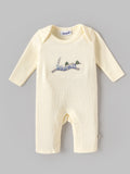 Popees Baby Boys Waffle Knit Romper | Soft Cotton Long Sleeve One-Piece with Train Embroidery |0–9 Months