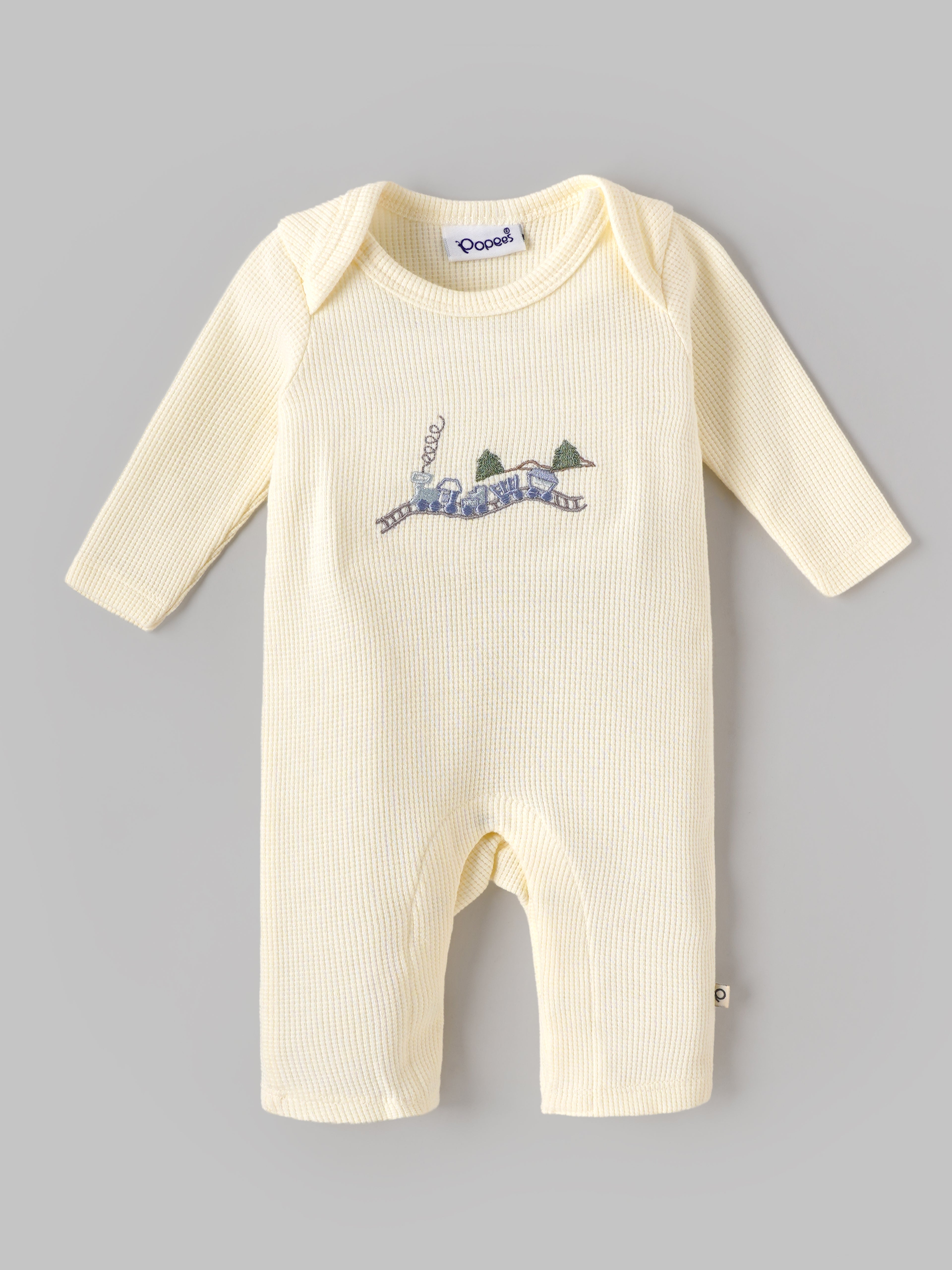 Popees Baby Boys Waffle Knit Romper | Soft Cotton Long Sleeve One-Piece with Train Embroidery |0–9 Months