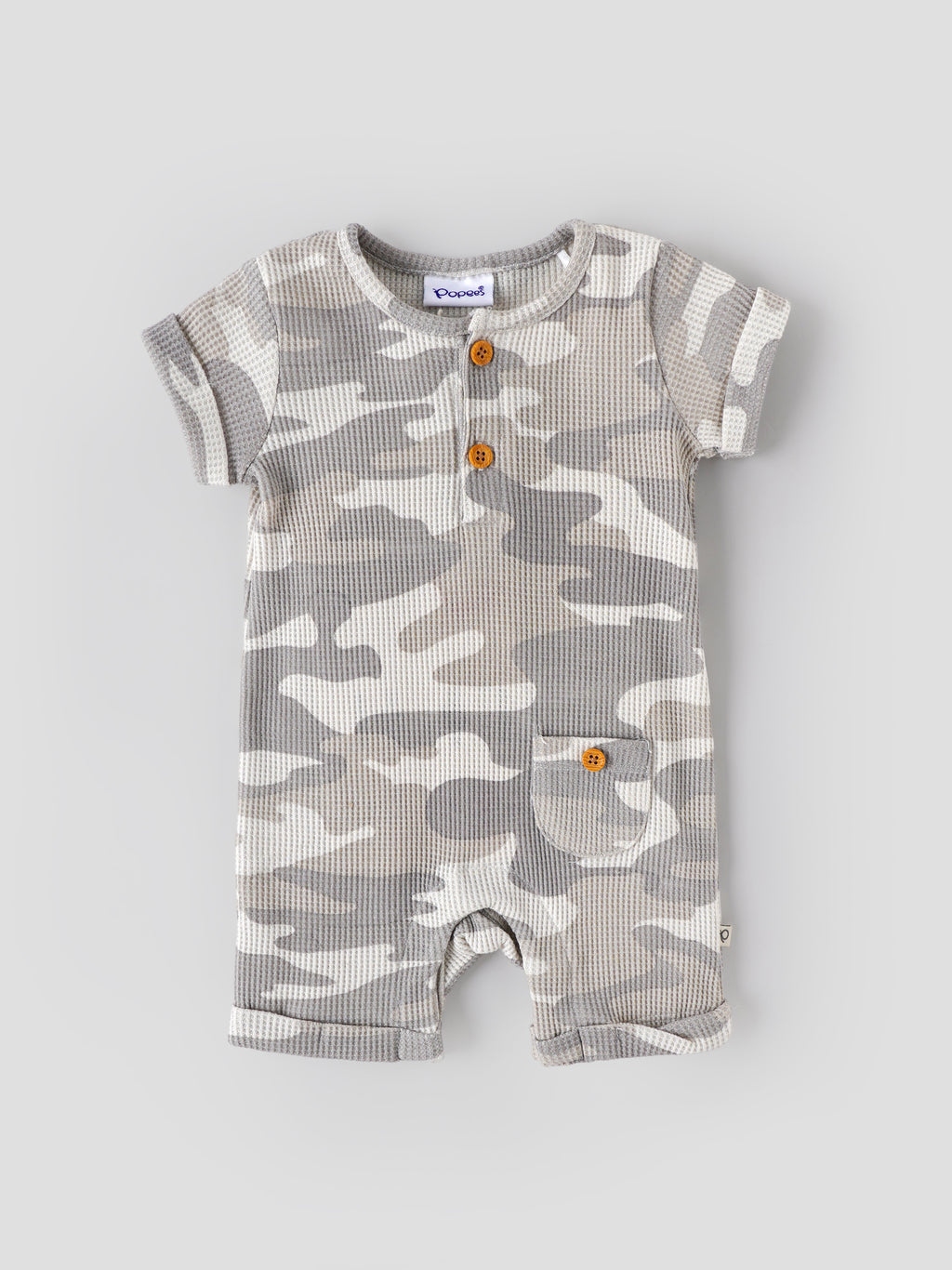 Popees Baby Camouflage Romper Set|Soft Waffle Cotton 3-Piece Outfit with Cap & Mittens |Newborn–9 Months