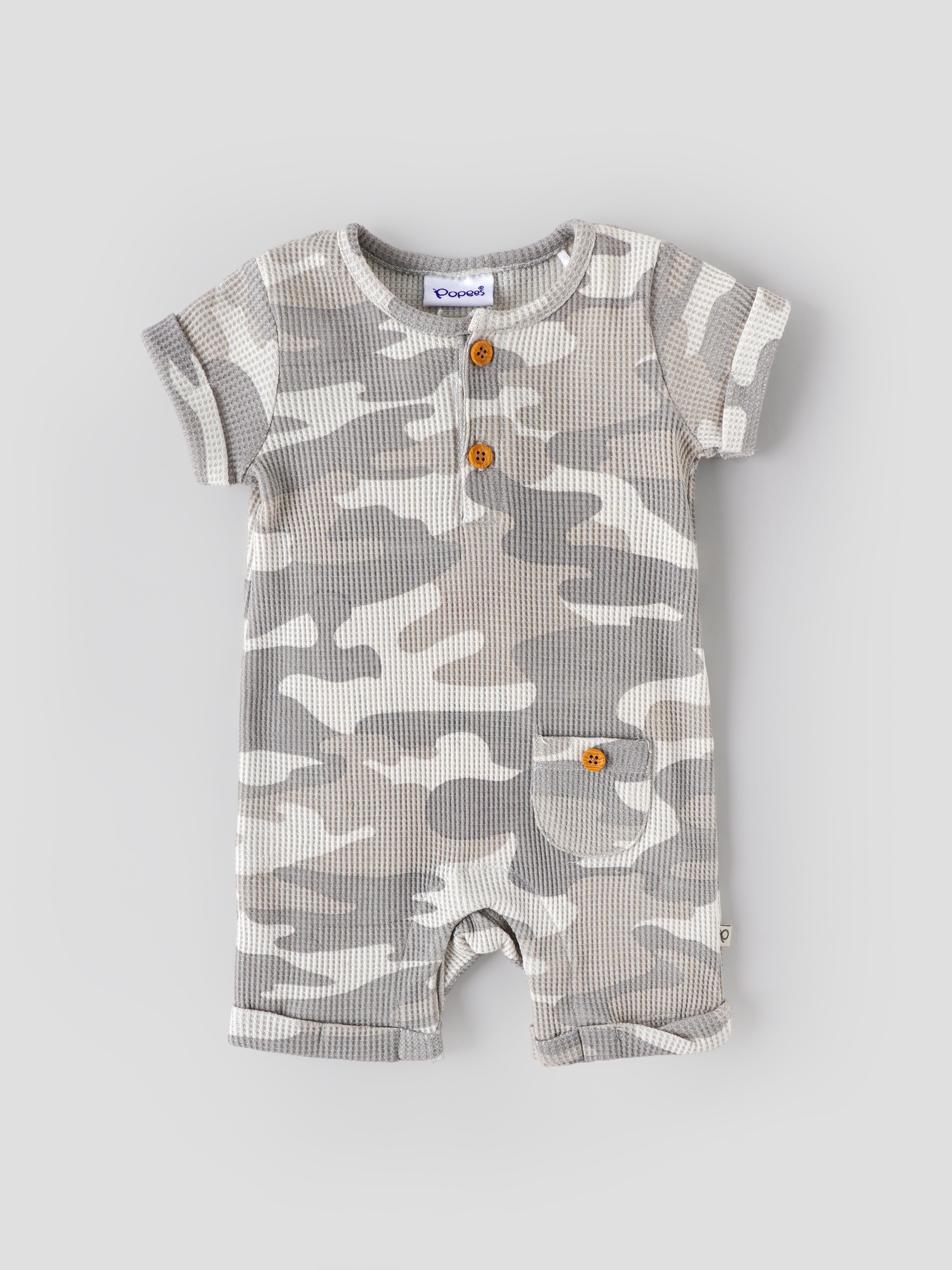 Popees Baby Camouflage Romper Set|Soft Waffle Cotton 3-Piece Outfit with Cap & Mittens |Newborn–9 Months