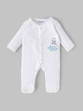 Popees Baby Boys White Cotton Full-Length Sleepsuit| Tiny Baby, Newborn to 6 Months
