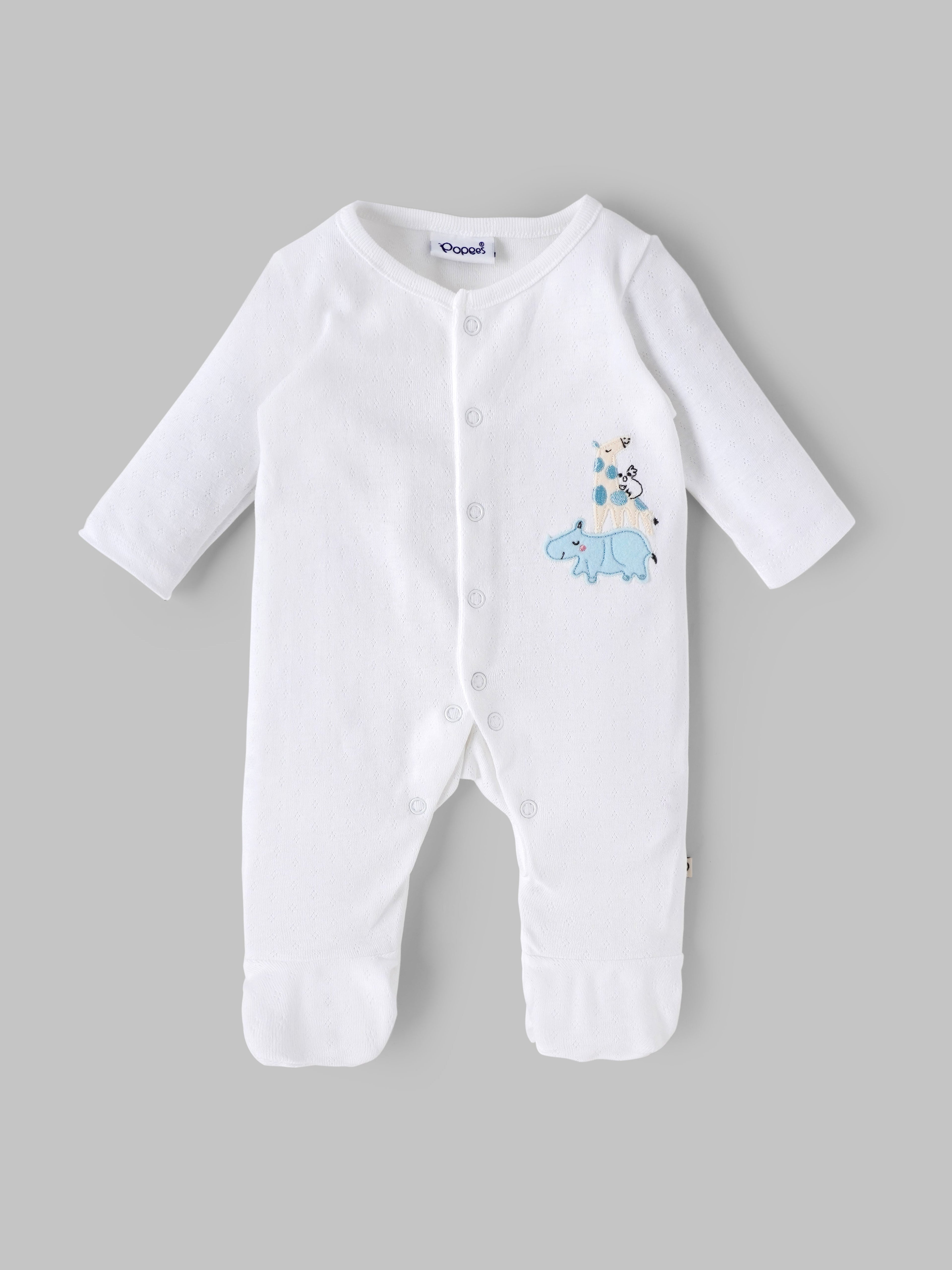 Popees Baby Boys White Cotton Full-Length Sleepsuit| Tiny Baby, Newborn to 6 Months