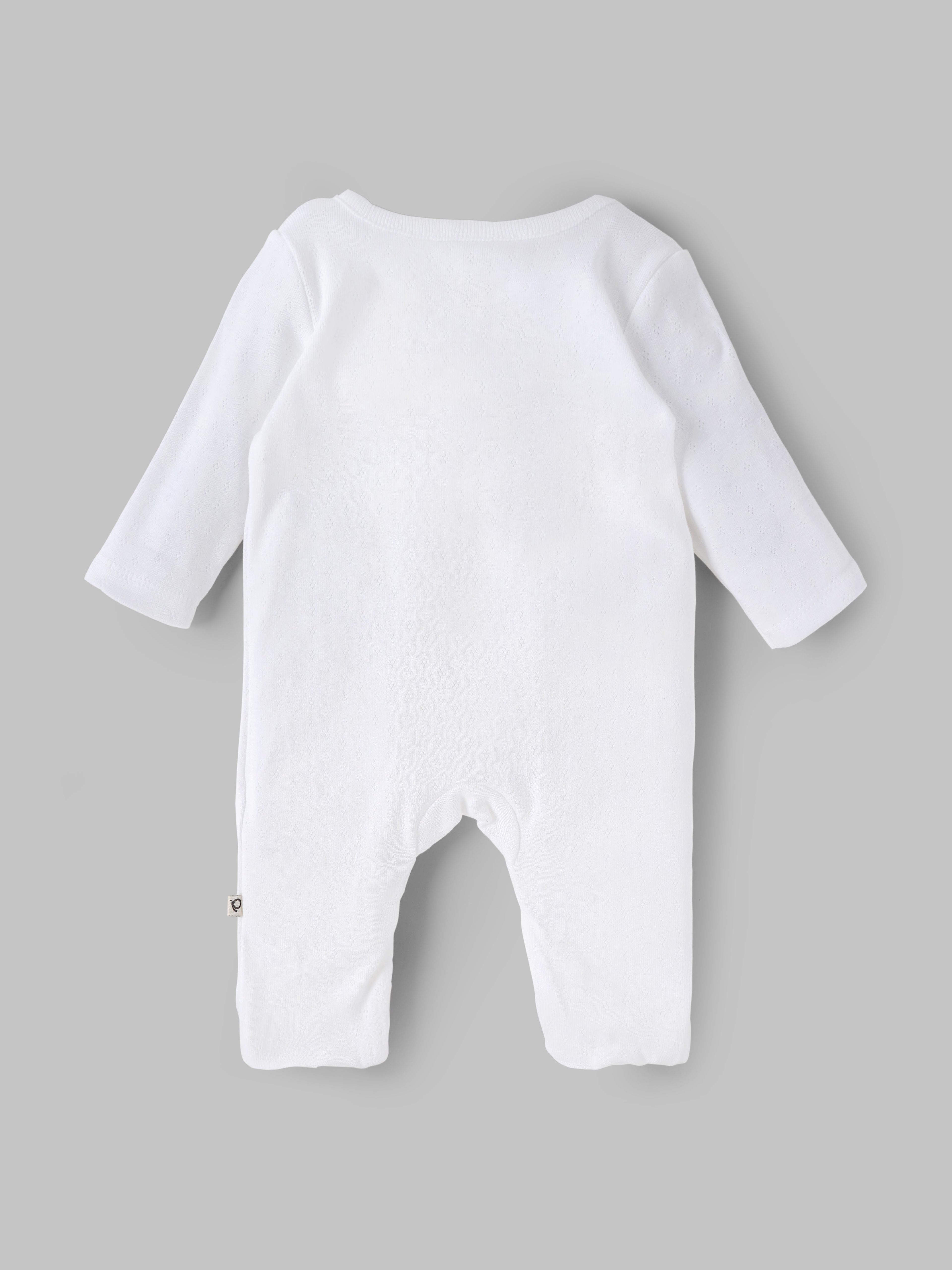 Popees Baby Boys White Cotton Full-Length Sleepsuit| Tiny Baby, Newborn to 6 Months