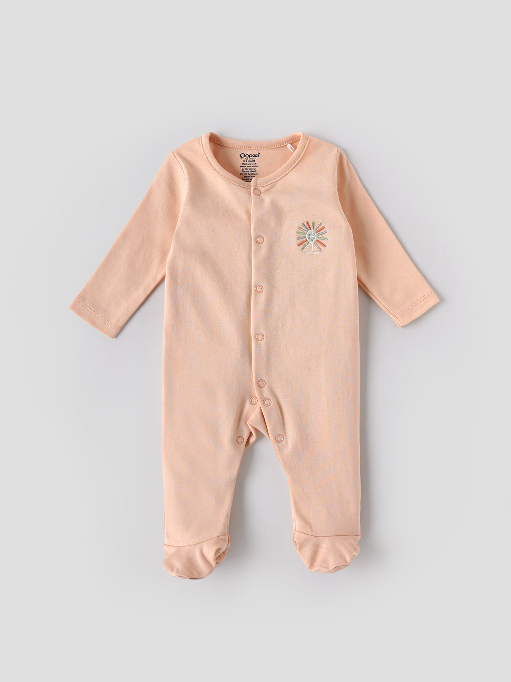 Popees Peach Baby Sleepsuit with Sun Embroidery | Tiny Baby, Newborn to 6 M