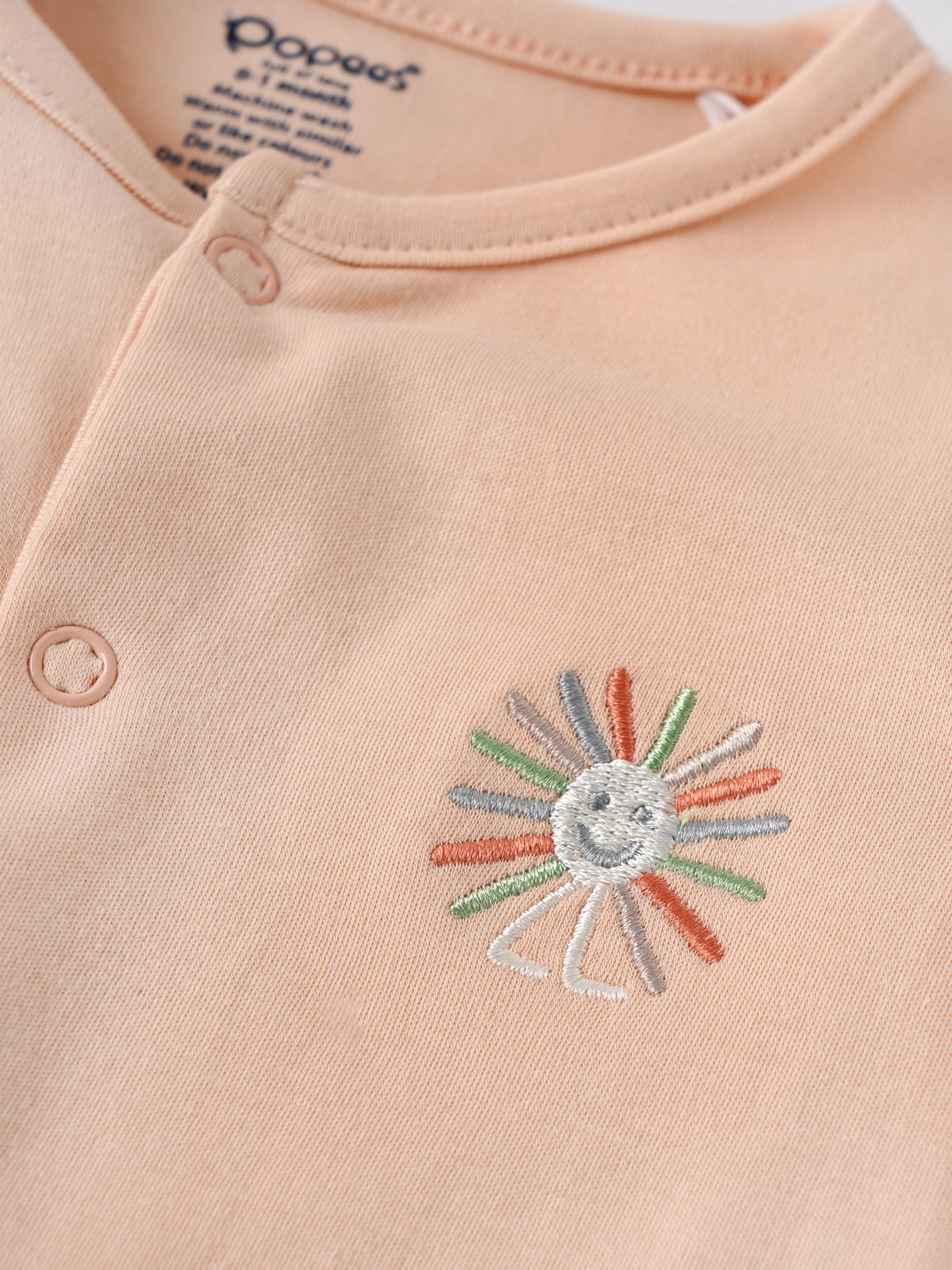 Popees Peach Baby Sleepsuit with Sun Embroidery | Tiny Baby, Newborn to 6 M