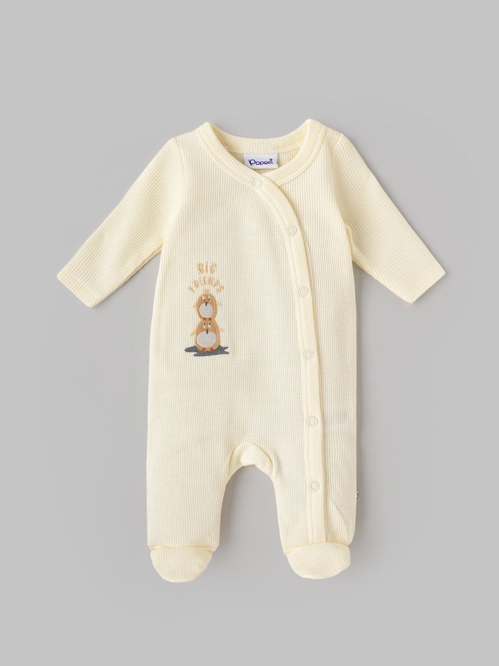 Popees Baby Soft & Comfy Full Sleeve Waffle Footed Romper | Cute Bear Embroidery |NB-6 Months