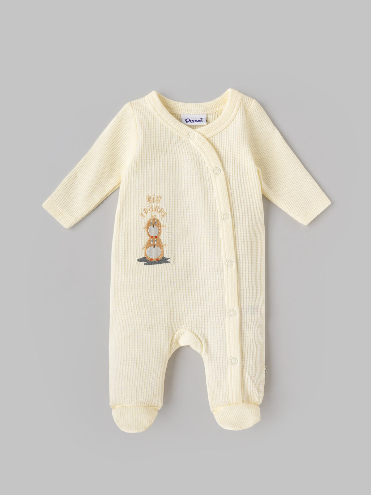 Popees Baby Soft & Comfy Full Sleeve Waffle Footed Romper | Cute Bear Embroidery |NB-6 Months