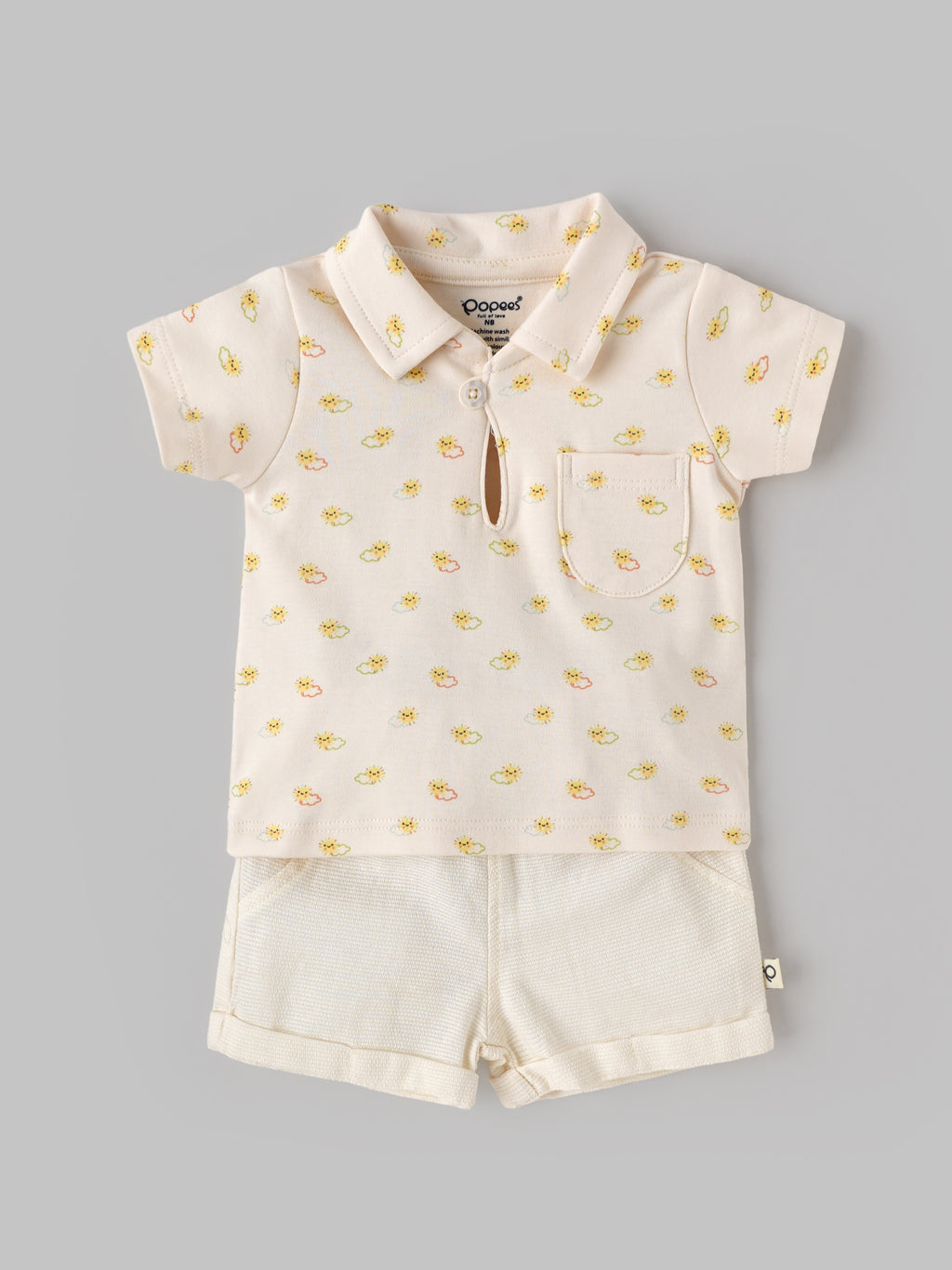 Popees Baby Boys Soft & Stylish Printed Top & Bottom Set | Cute Floral Print Collared Top with Front Pocket & Matching Shorts | Comfortable Casual Wear Set | 0-9 Months