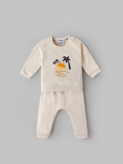 Popees Baby Boys Full Sleeves Cotton Co-ord Set| Cream| Newborn To 9 Months