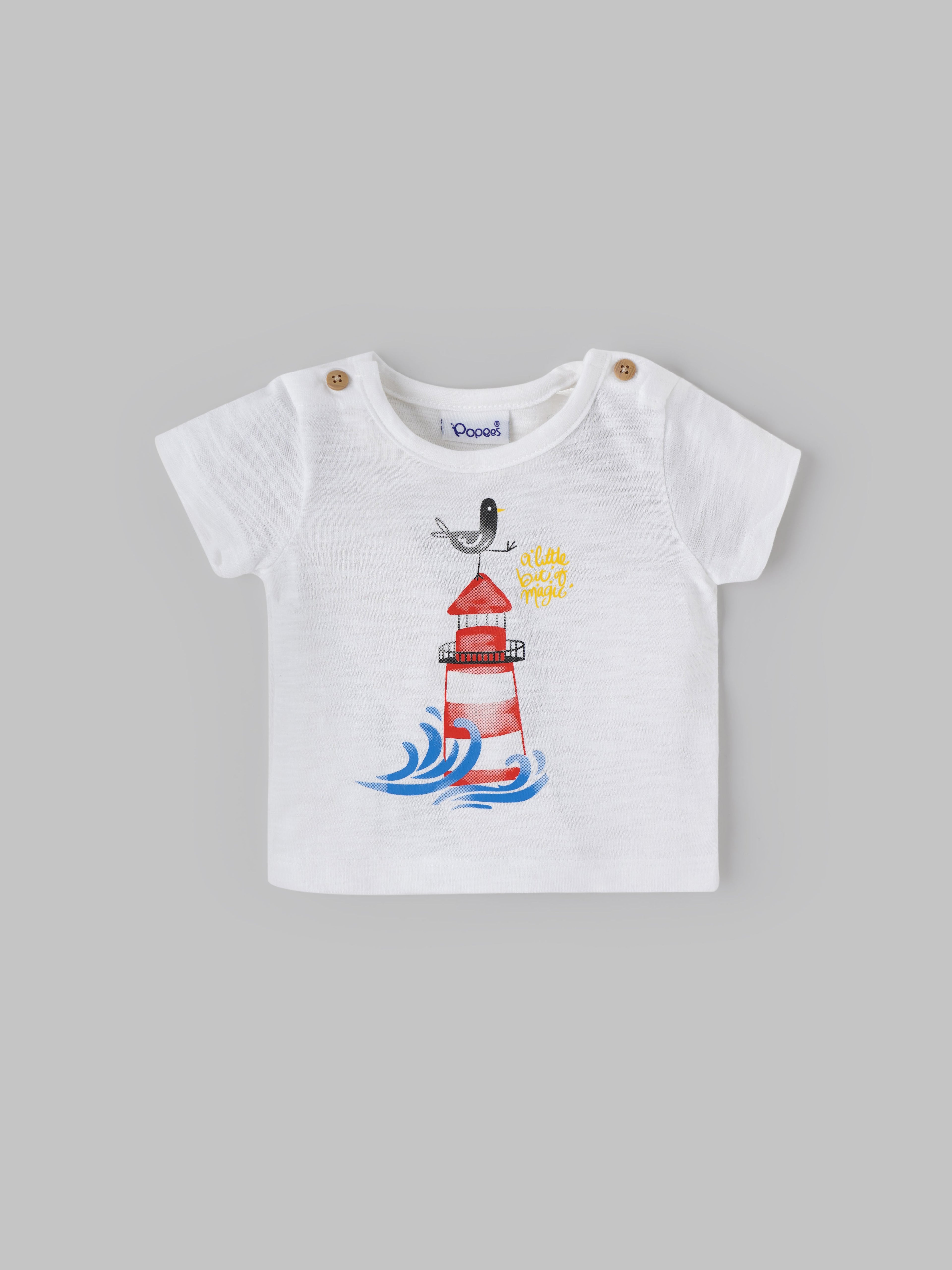 Popees Baby Boys Short Sleeves Cotton T-Shirt| White| 0-9 Months